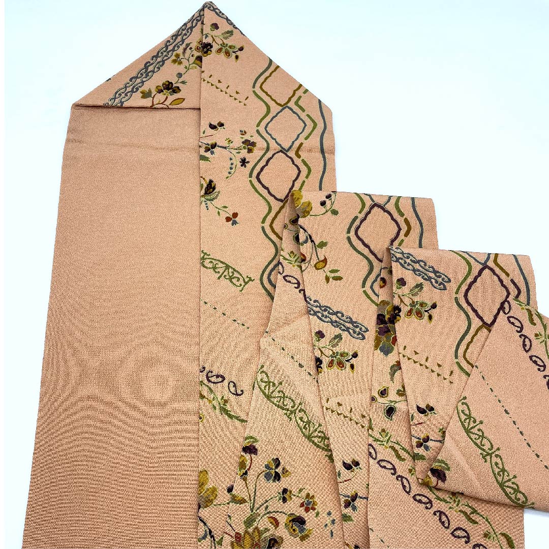 Nagoya obi, light red, stencil-dyed, chintz, abstract pattern, obi length 374cm, pure silk, S rank, full-length, casual, pink, 1124003982313, Nagoya style