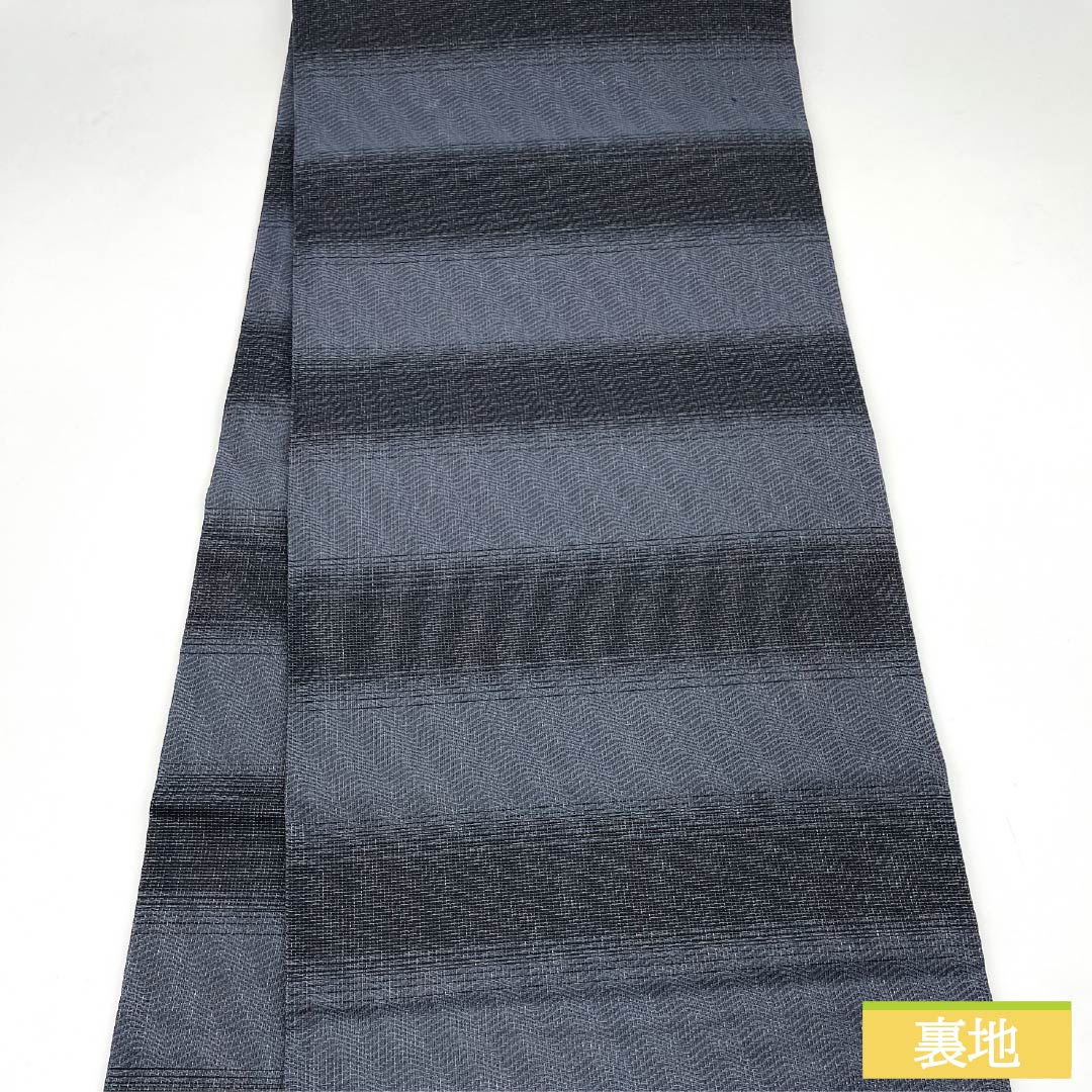 Fukuro Obi, pure silk, dark blue, woven, thread wrapped, floral pattern, obi length 440cm, S rank, six-pass, casual, gray, 1123013022322