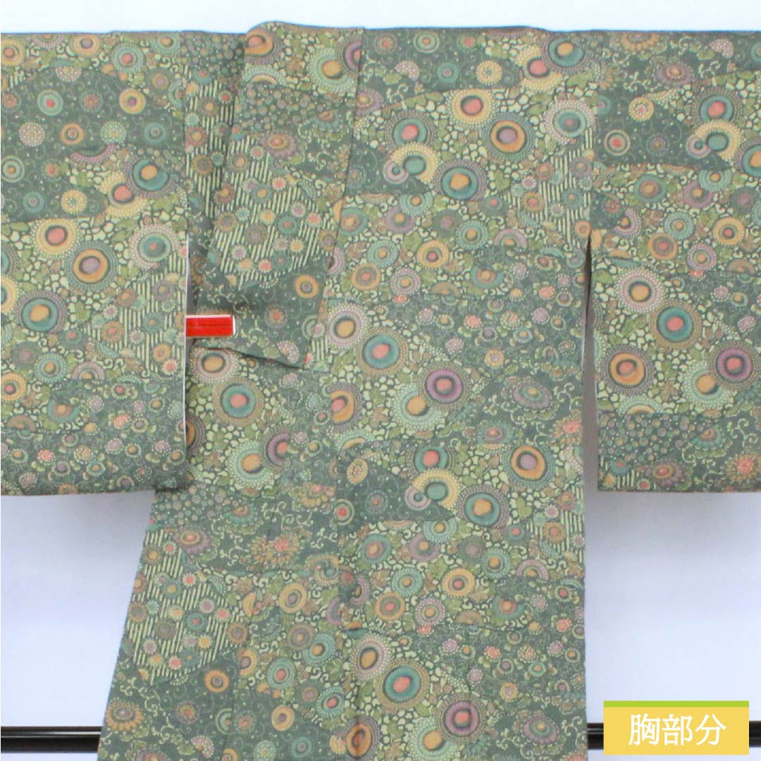 小紋 正絹 Aランク 身丈155.5cm 裄丈64cm 袷 鉄色（てついろ） 江戸小紋 南部幸雄 菊 割付文様 緑系 1115007243319