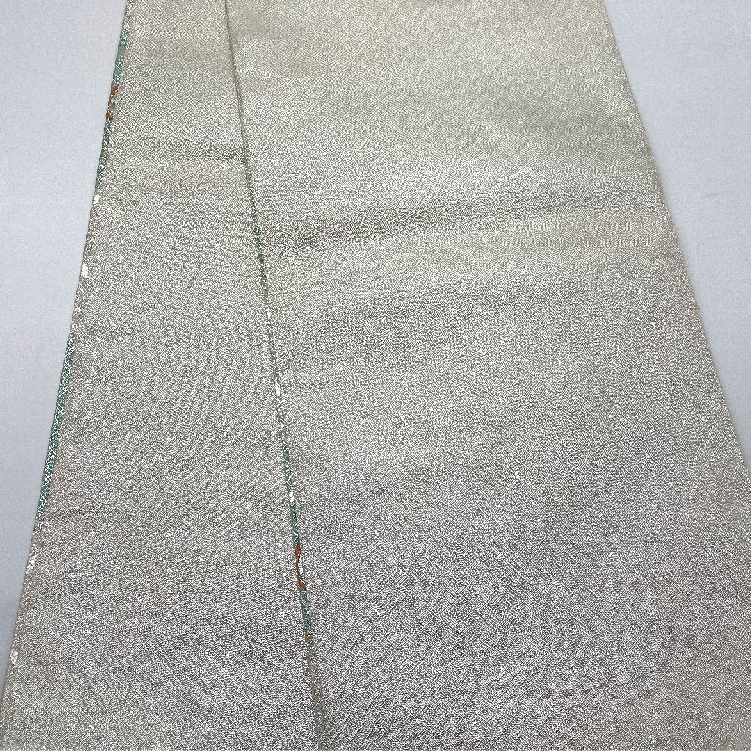【未仕立】袋帯 正絹 Sランク 銀色 扇面 青海波 花模様  帯丈439cm 六通 フォーマル 銀系 1123005952322