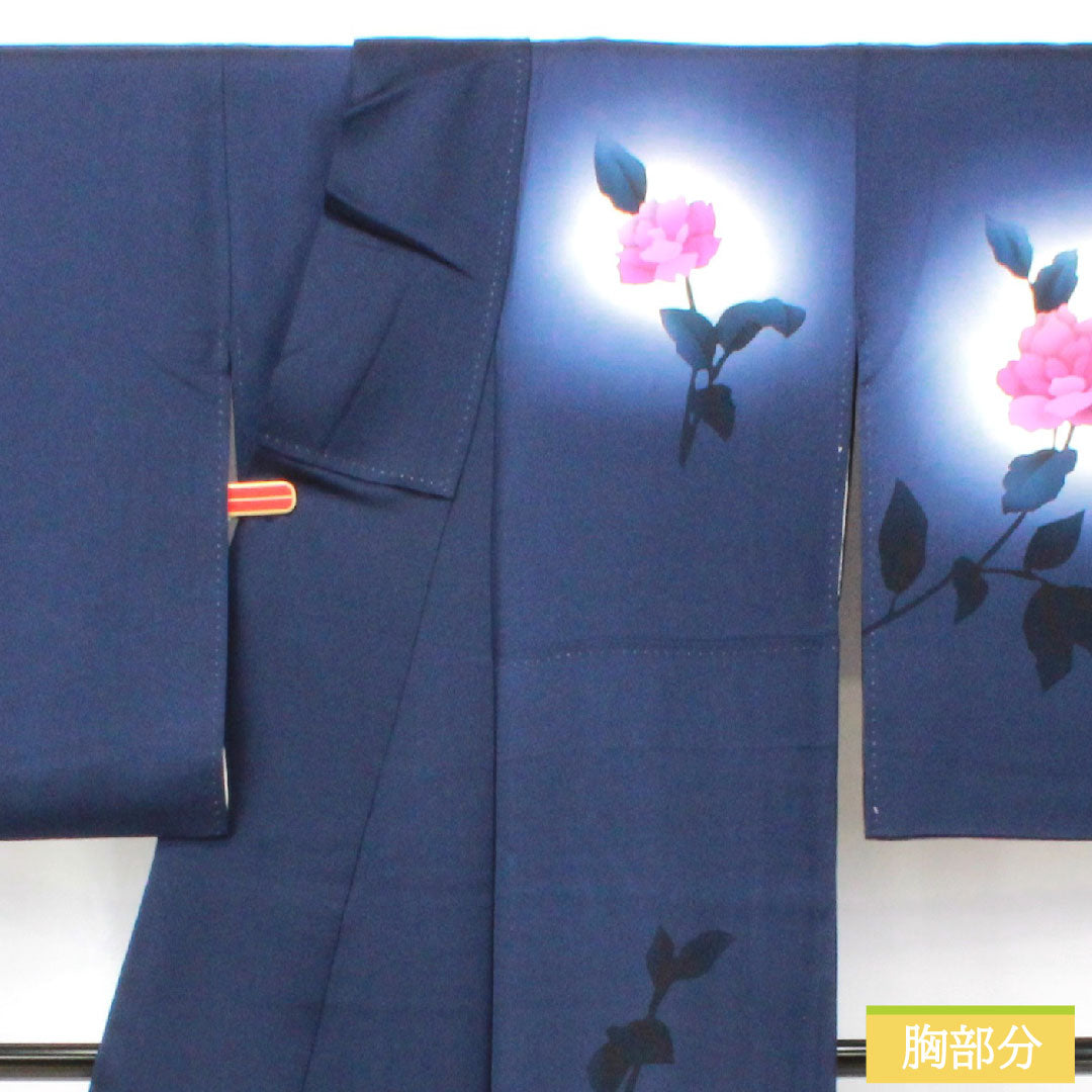 Homongi, pure silk, lined, length 159cm, sleeve length 65cm, dark blue, butterfly, rose, A rank, navy blue, 1112005883318