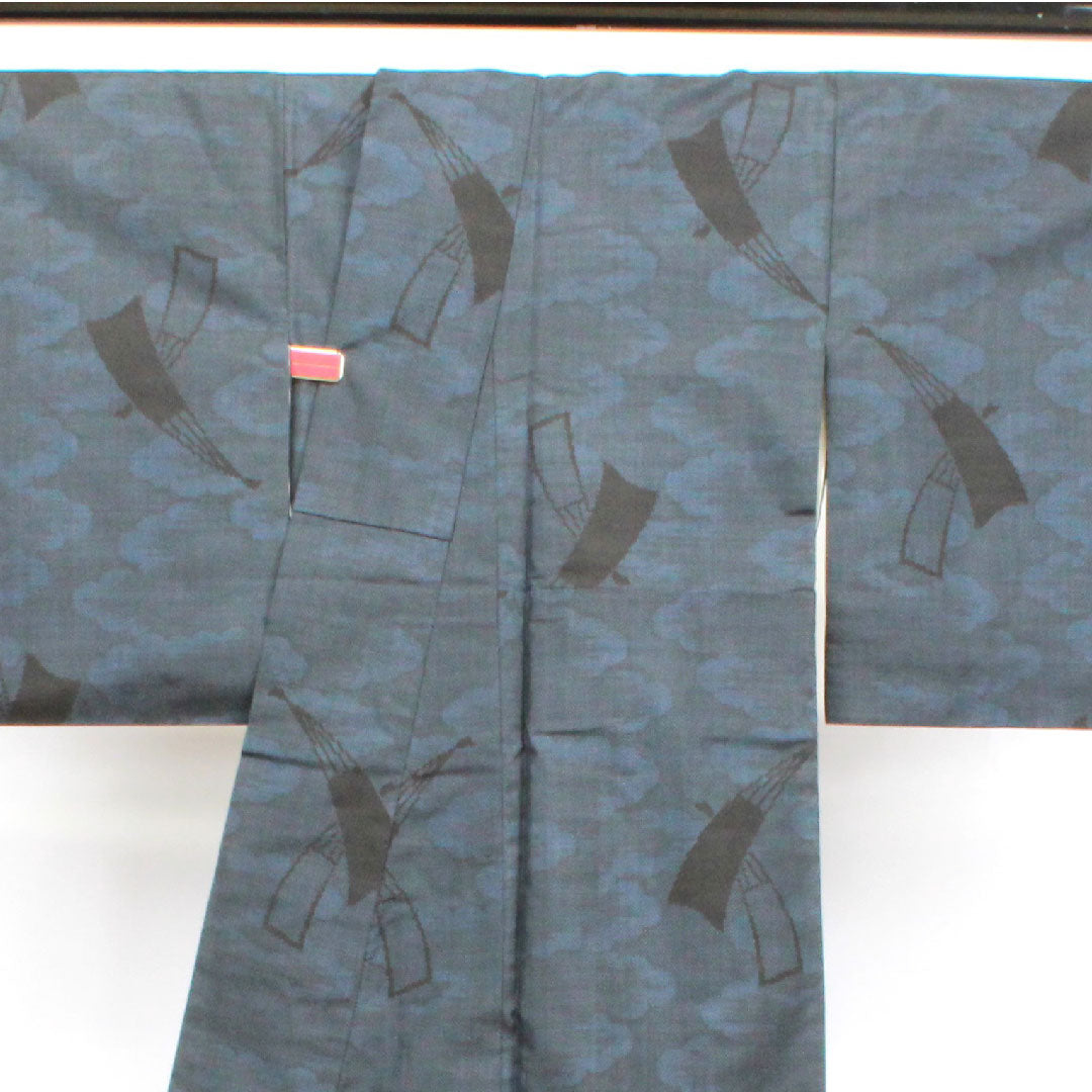 Oshima Tsumugi, Length 164cm, Sleeve length 62cm, Warp and weft ikat, Fan, Pure silk, A rank, Lined, Navy blue, 1116002623418