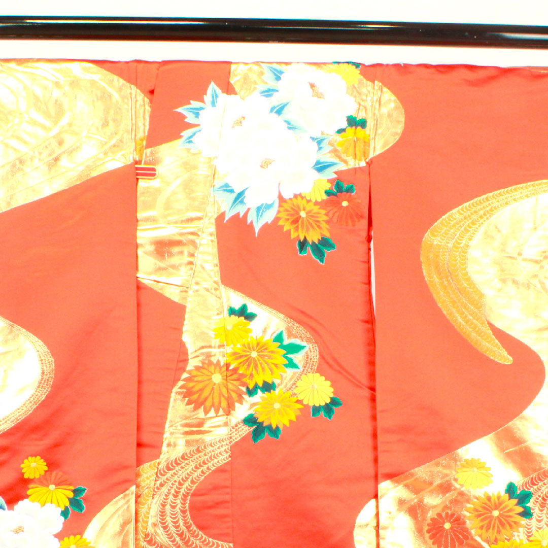 色打掛 身丈194cm  銀朱色 刺繡 孔雀 花車 正絹 Sランク 袷 朱系 1110000252916