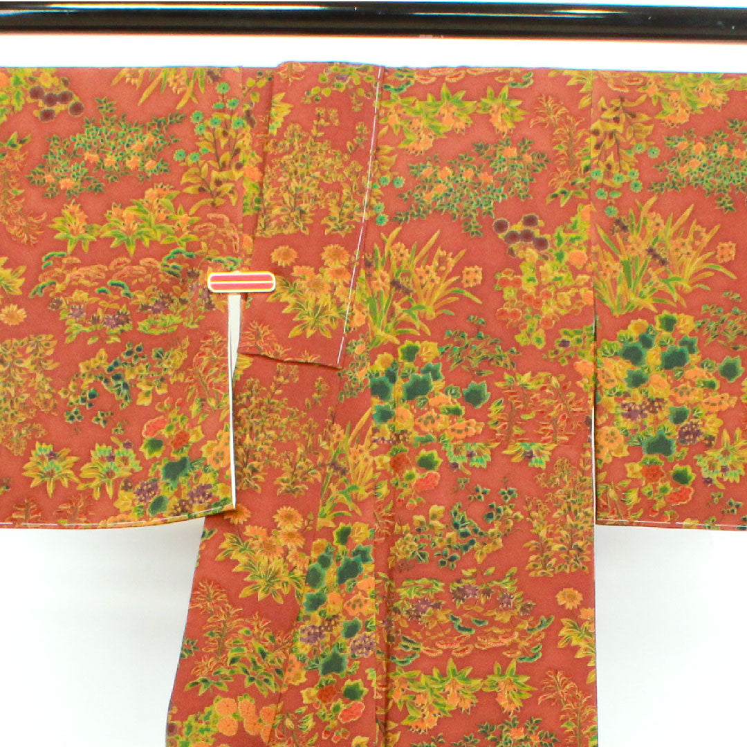 小紋 身丈154.5cm 裄丈61.5cm 袷  錆色 しつけ糸付き 草花模様  正絹 Aランク 茶系 1115003203214