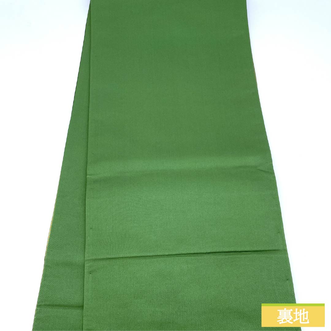 袋帯 正絹 島松鼠色（しままつねずいろ） 相良刺繡 欧風文様 帯丈436cm Sランク ポイント柄 カジュアル 緑系 1123012762319