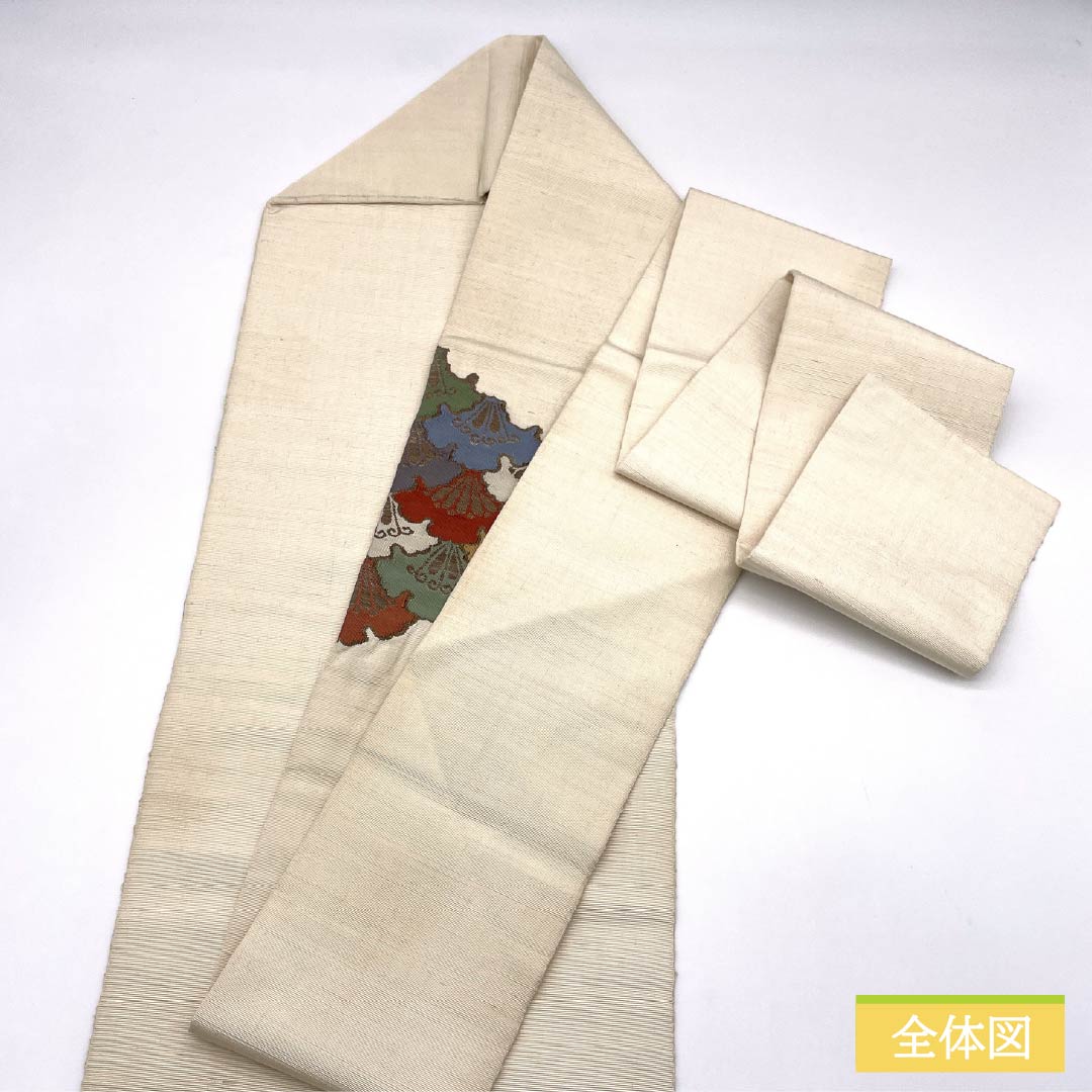 Nagoya obi, natural color (kinariiro), pongee fabric, Yukiwa Seigaiha pattern, obi length 351cm, pure silk, S rank, point pattern, casual, cream color, 1124008212315, Nagoya style