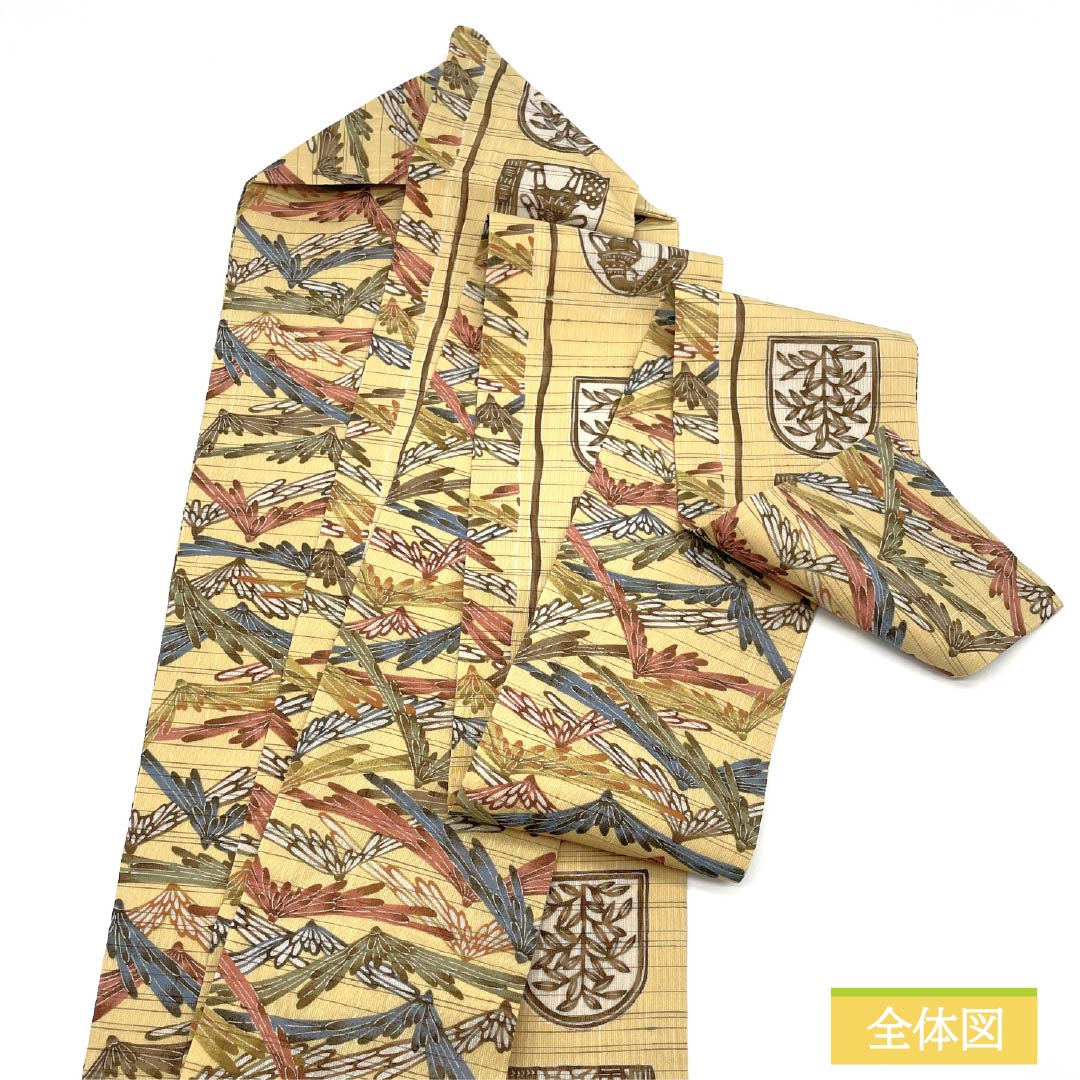 Nagoya obi, pure silk, egg yellow (ran'ou-iro), summer obi, dyed obi, Inca pattern, obi length 370cm, S rank, full length, casual, yellow, 1124007942323, Nagoya style