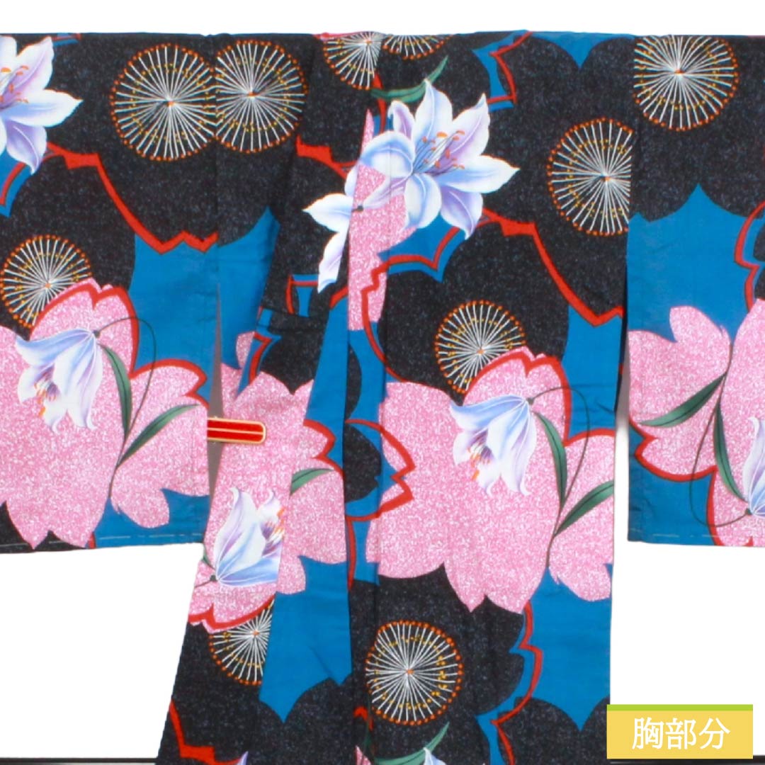 浴衣 木綿 Sランク 身丈165.5cm 裄丈68cm 青黛色（せいたいいろ） 百合 桜 型染 単衣 青系 1118006962517