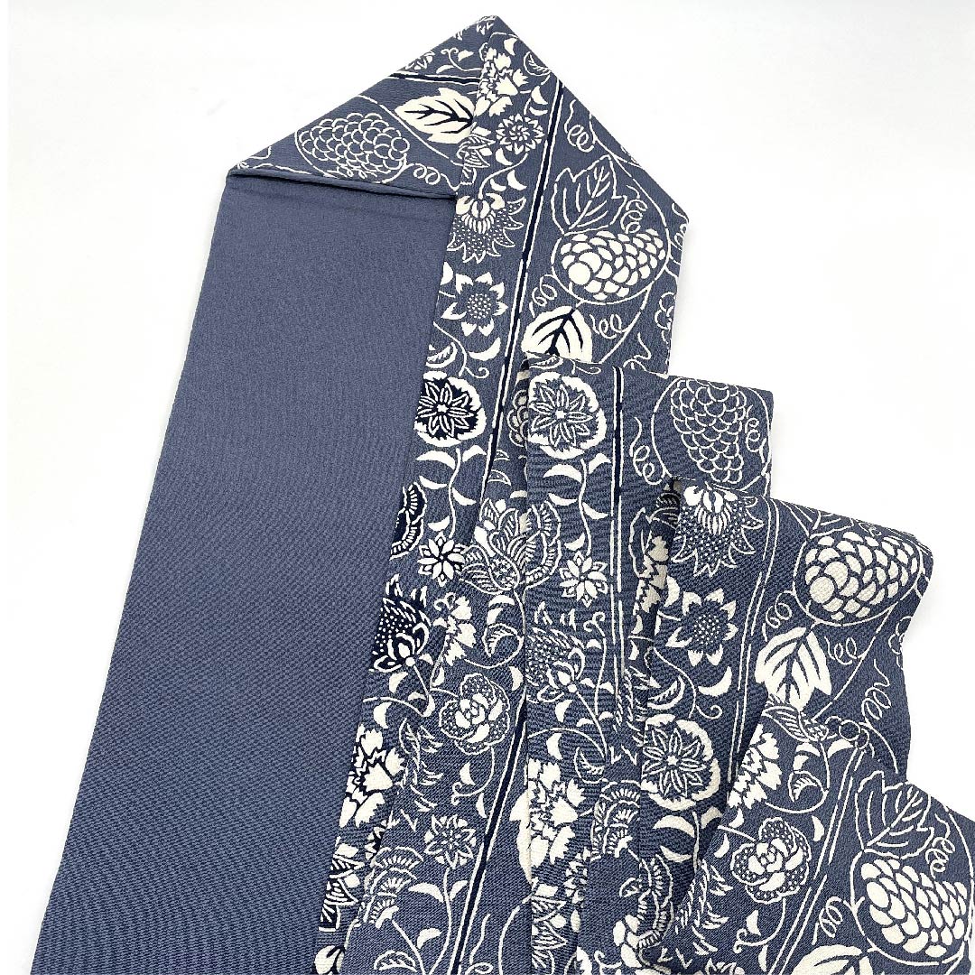 Nagoya obi, tin-colored, Kyoto Bingata, Kuriyama Kobo, flower chintz, grapes, monotone, obi length 374cm, pure silk, S rank, point pattern, casual, gray, 1124005232322, Nagoya tailoring