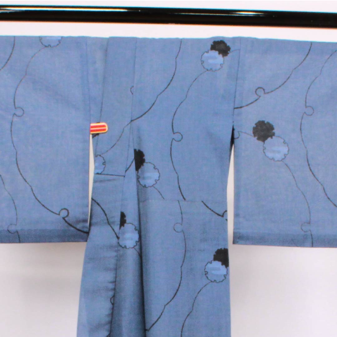 夏物 ポリエステル 小紋 身丈162.5cm 裄丈65cm 瞑色色（めいしょくいろ）雪輪 紗 Sランク 青系 1132000152417