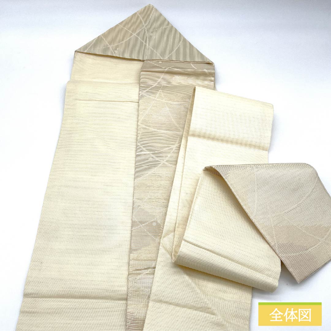 Nagoya Obi, Pure Silk, Off-White (Kinari-iro), with Dried Foil and Dewgrass Patterns, Length: 350cm, A-Rank, Six-Ply, Semi-Formal, Cream-Tone, Product Number: 1124008693315, Nagoya Style
