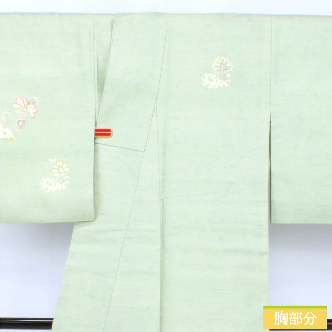 訪問着 正絹 Aランク 袷 身丈155cm 裄丈61cm 薄緑色（うすみどりいろ） 牛首紬 一つ紋 中陰蔦 草花 緑系 1112007533319