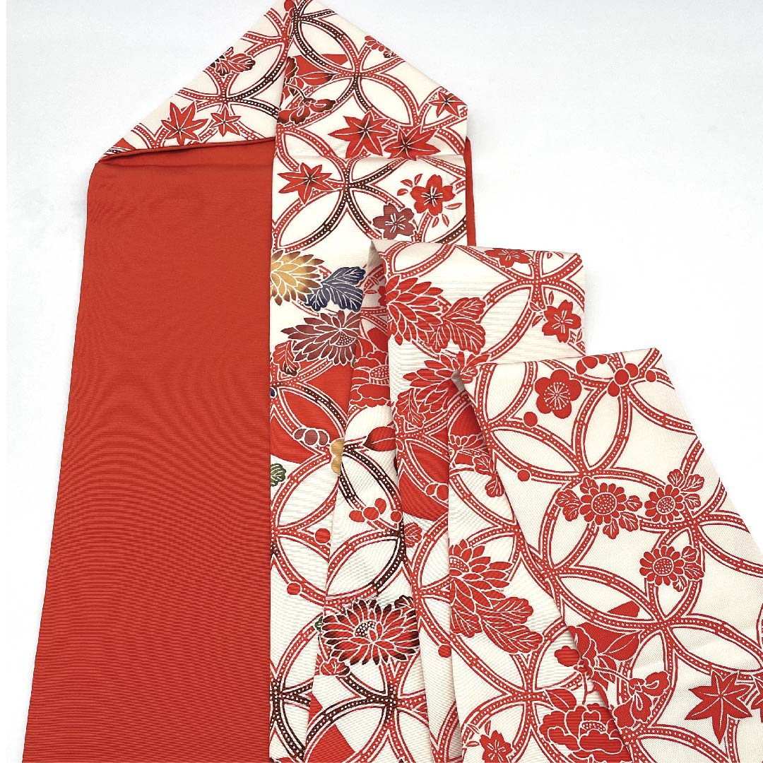 Nagoya obi, scarlet, Shippo Tsunagi, floral pattern, obi length 383cm, pure silk, S rank, point pattern, casual, vermilion, 1124004512316, Nagoya style