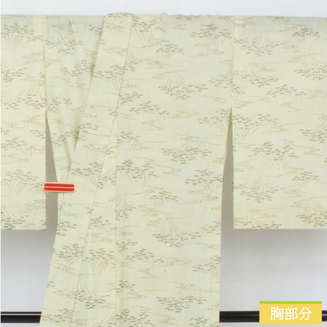 Tsumugi (pongee) polyester, S rank, length 163.5cm, sleeve length 63.5cm, white lily color (shirayuriiro), bamboo design, flowing water pattern, washable, single-layer kimono, white, product number 1116004082411