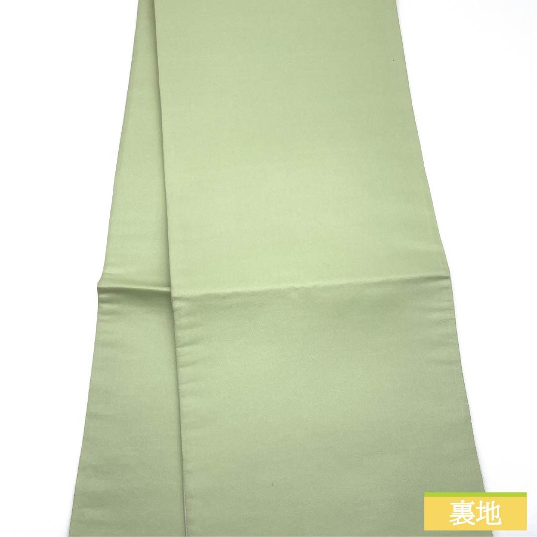 Formal obi, pure silk, S-rank, Wakanae-iro (young seedling color), for furisode (long-sleeved kimono), featuring a classic checkered pattern and a twisted plum blossom design. Length: 442cm, six-fold, green. Product code: 1123015822319