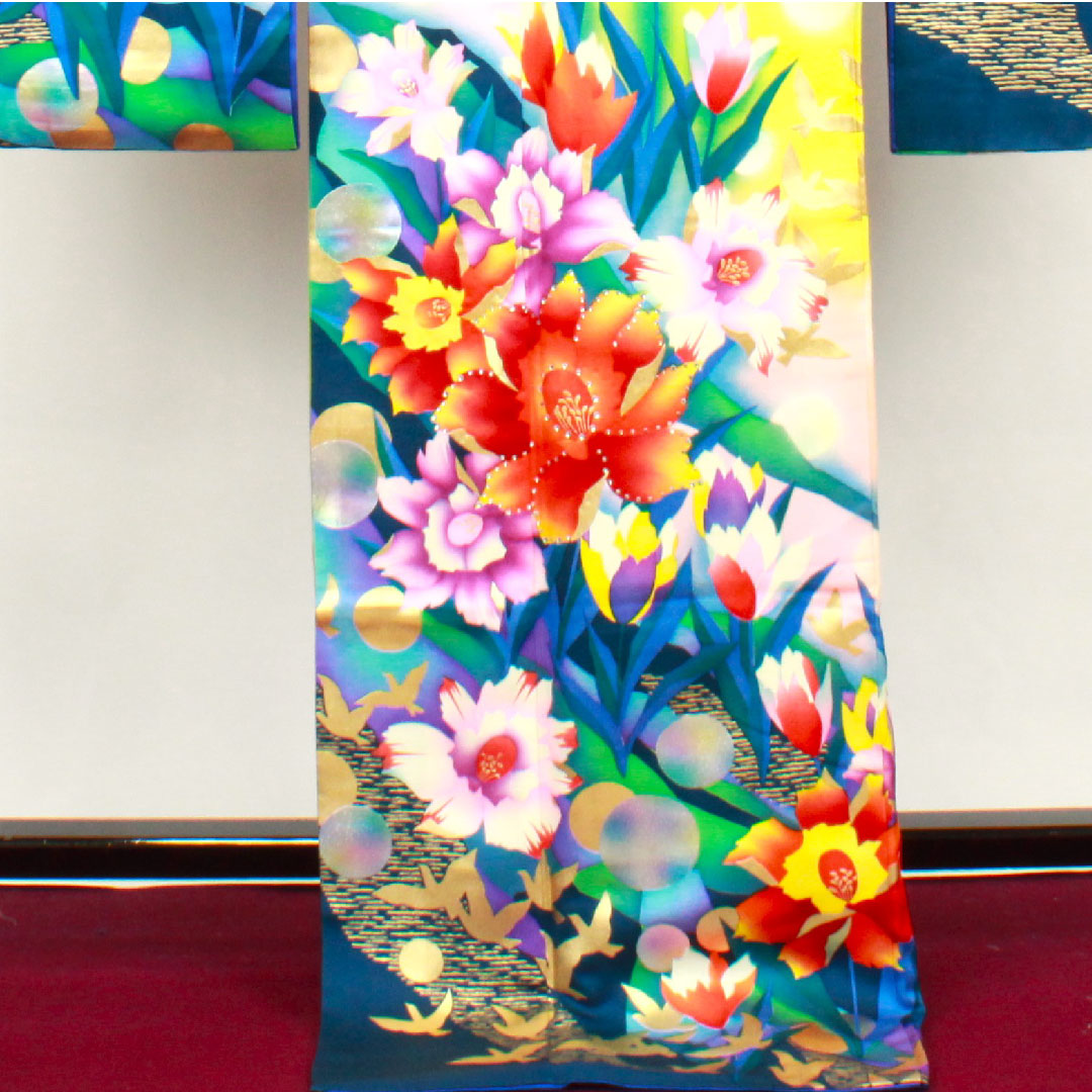 振袖 身丈176.5cm 裄丈64cm 袷  瑠璃色 花鳥模様  正絹 Bランク 紺系 1113001484818