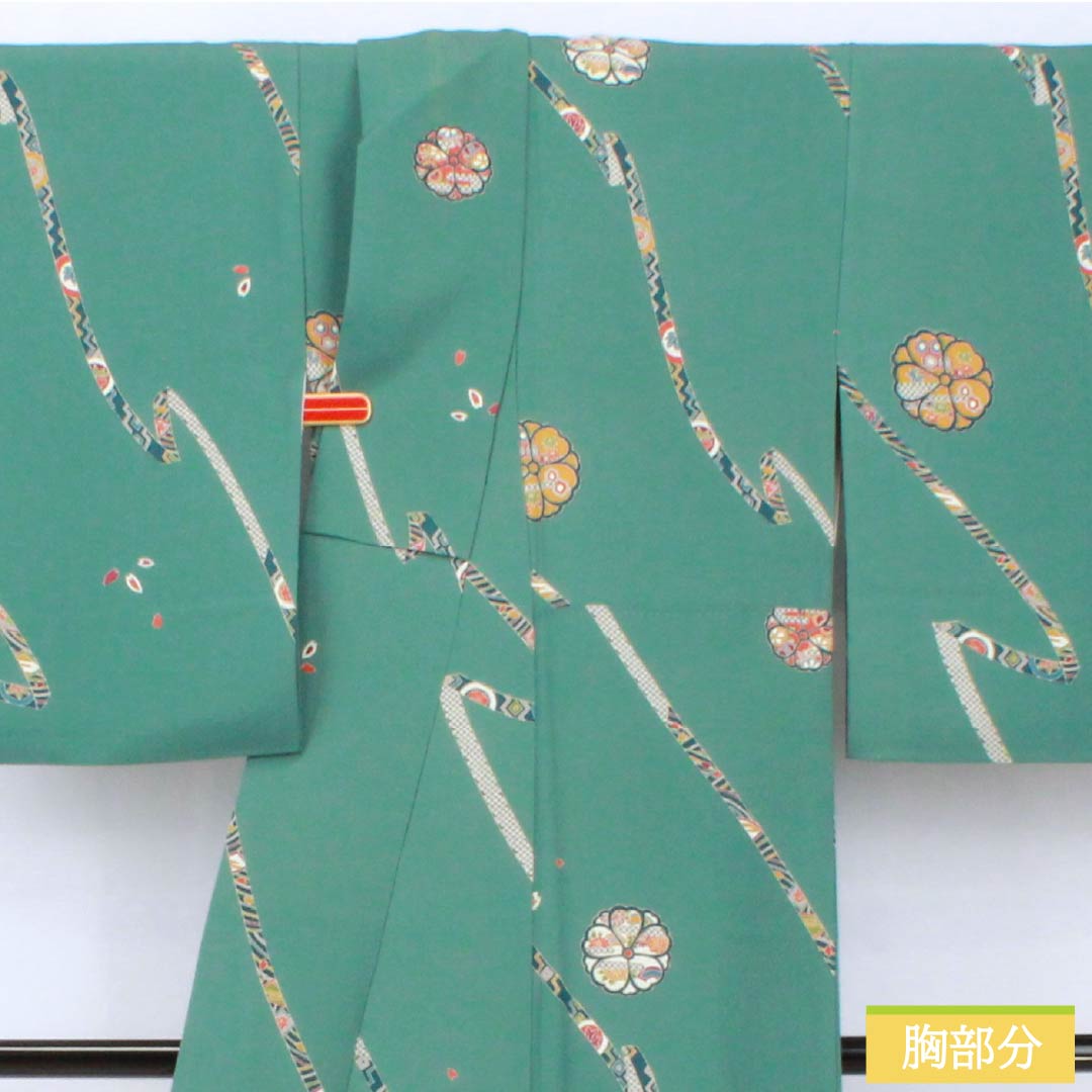 Komon, pure silk, length 152.5cm, sleeve length 64.5cm, lined, Yamaaizuuriiro (Yamaaizuri-iro), stencil dyeing, noshi (Japanese traditional wrapping paper), floral pattern, Scotchgard, B rank, green, 1115005484219