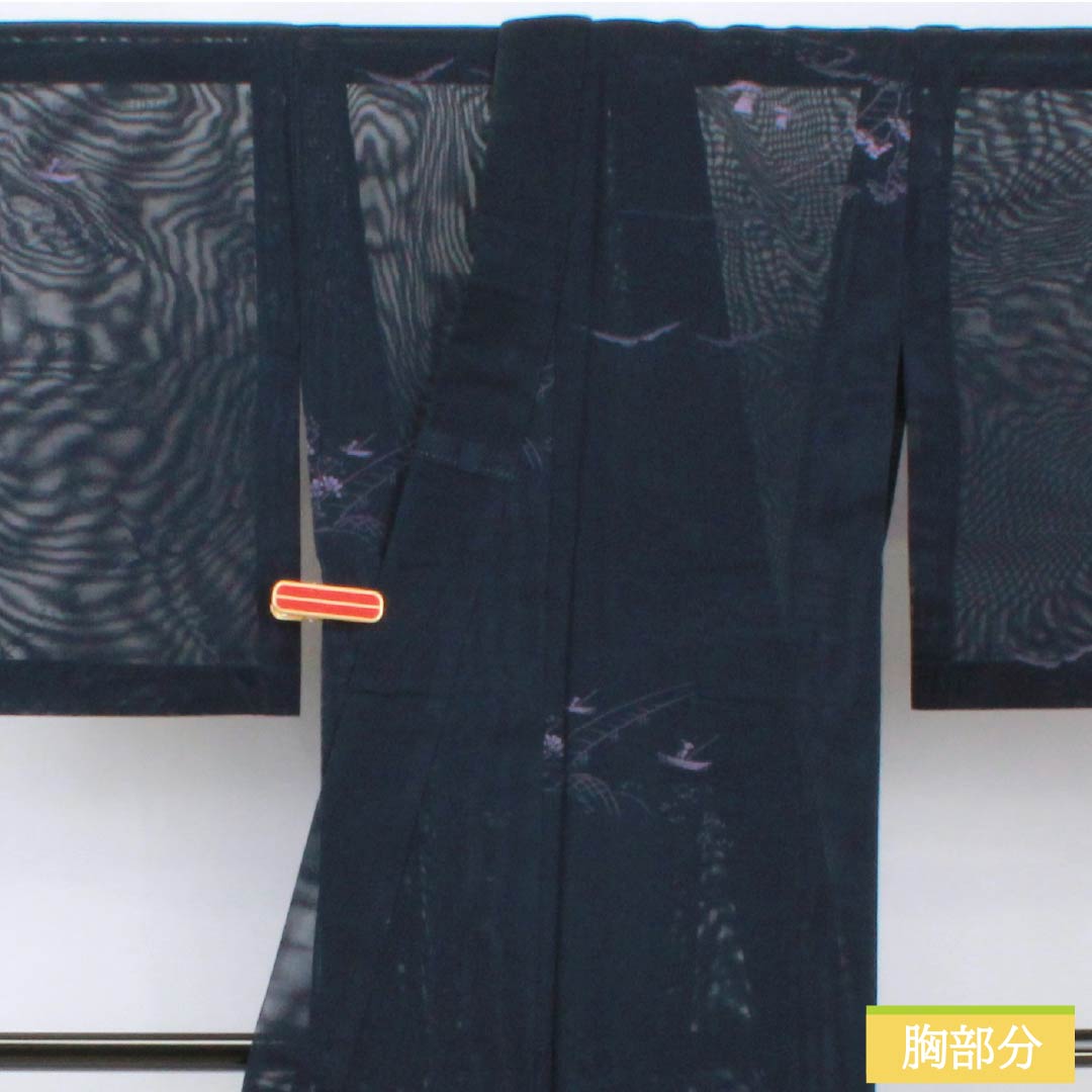 Summer kimono, polyester, small pattern, length 153.5cm, sleeve length 61.5cm, landscape pattern, washable, gauze, rank A, navy blue, 1132002363218