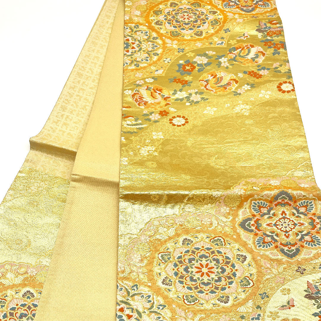 【未仕立】袋帯 正絹 NEWランク 吉祥文様 鳥 留袖用   帯丈432cm 六通 フォーマル 金系 1123002441321