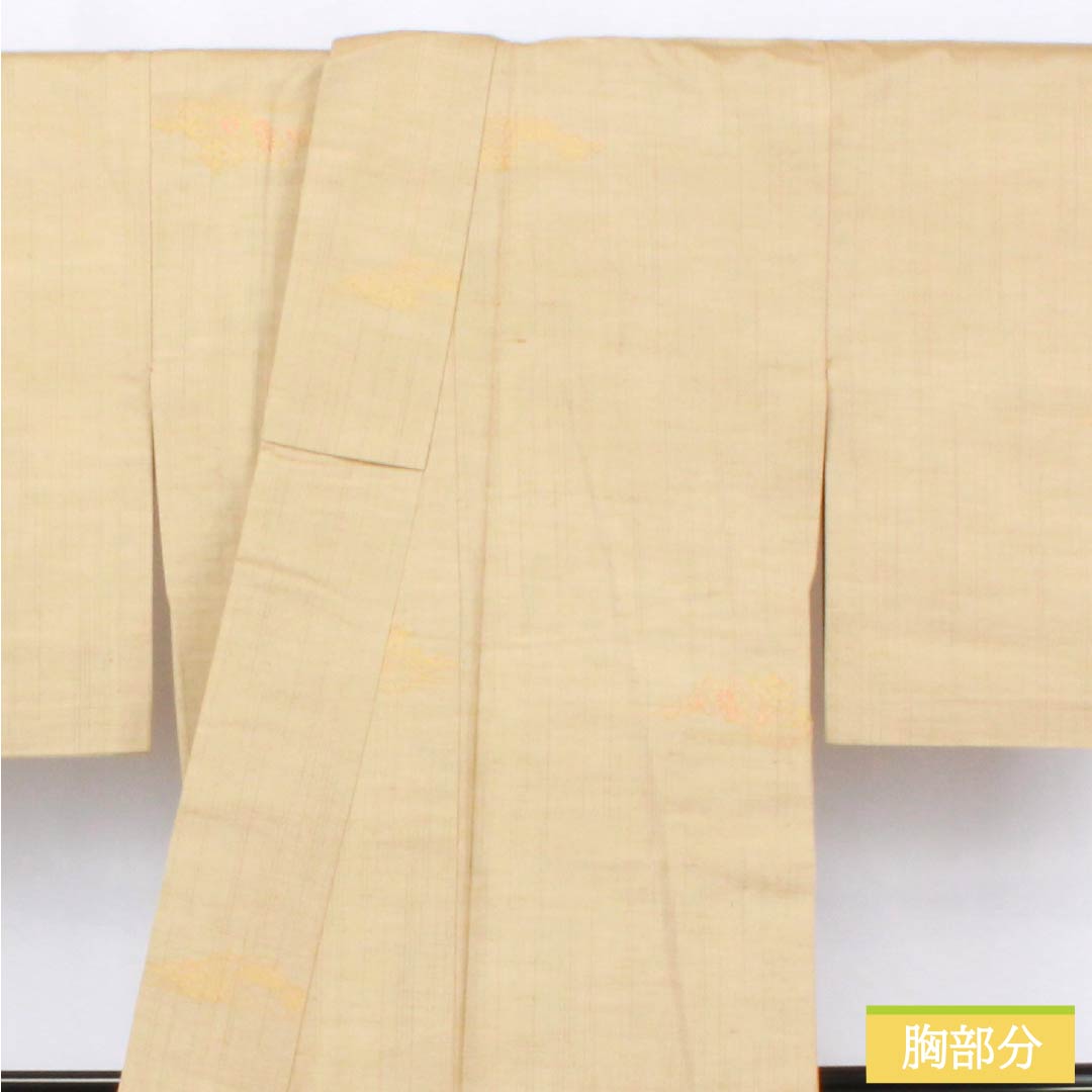Pure silk tsumugi (pongee) kimono, Grade A, length 158cm, sleeve length 63cm, Kare-no-iro (dry field color), stripes, cloud patterns, classic pattern, single layer, beige, product number 1116004273325