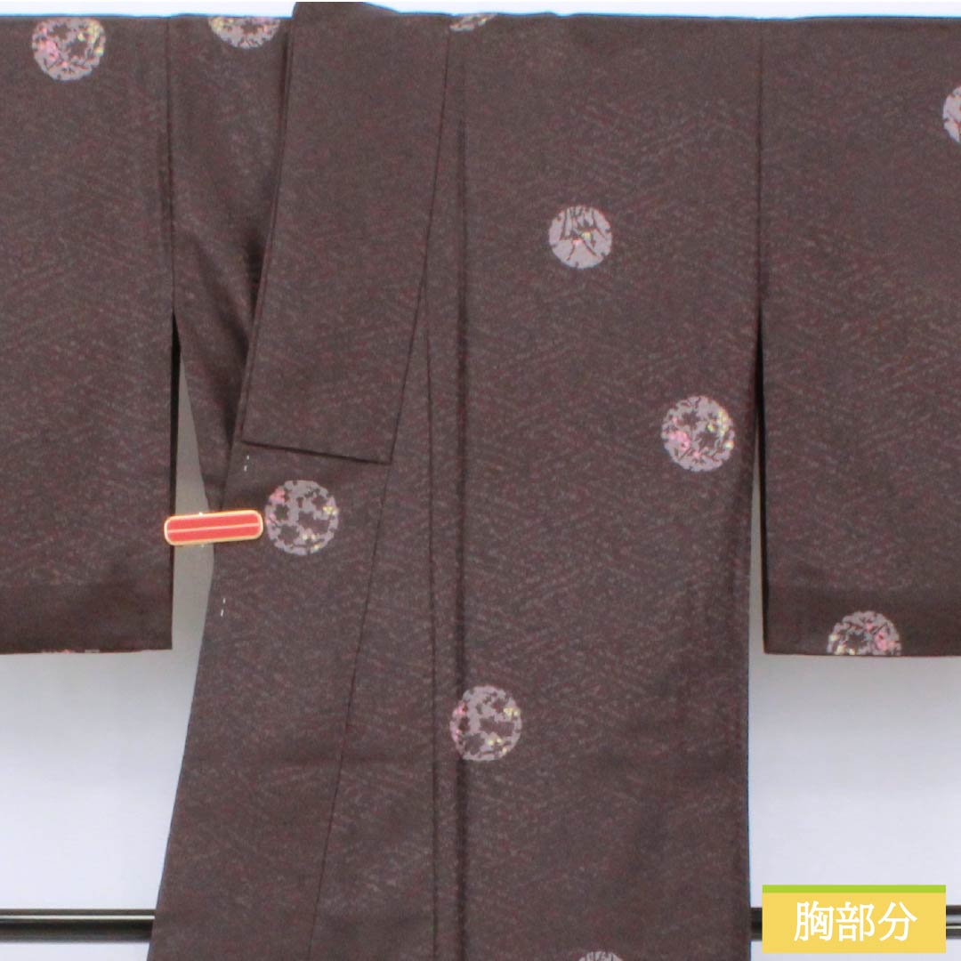 Komon (small pattern) kimono, polyester, length 164.5cm, sleeve length 65.5cm, single-layer, purple-black (shiushoku) pattern with snow rings and flower petals, washable, S rank, purple, product number 1115006062420