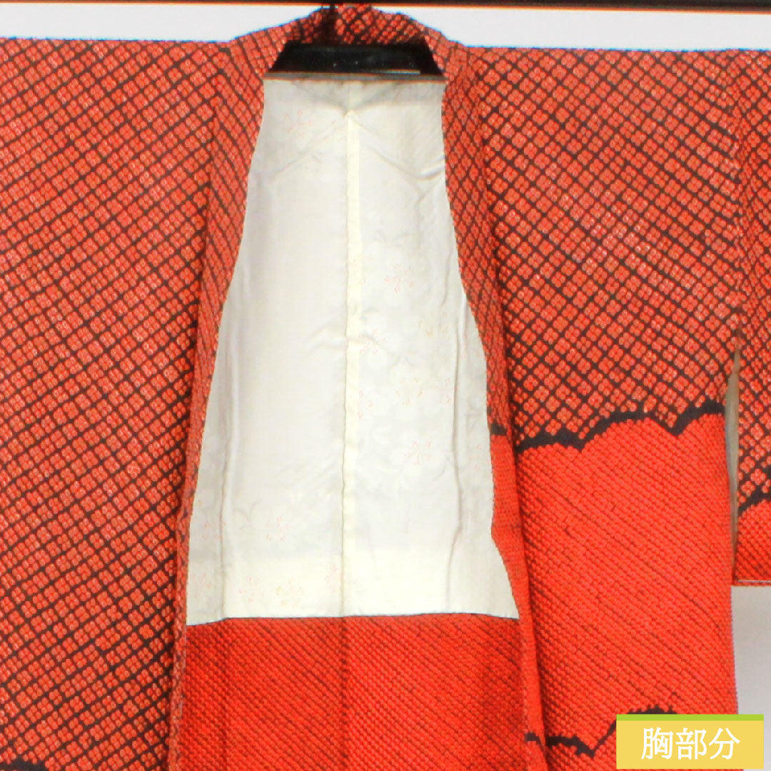 Haori (Japanese traditional coat) made of pure silk, length 75cm, sleeve length 65cm, scarlet, all-dyed, abstract pattern, with basting thread, S rank, lined, vermilion, 1117001052916