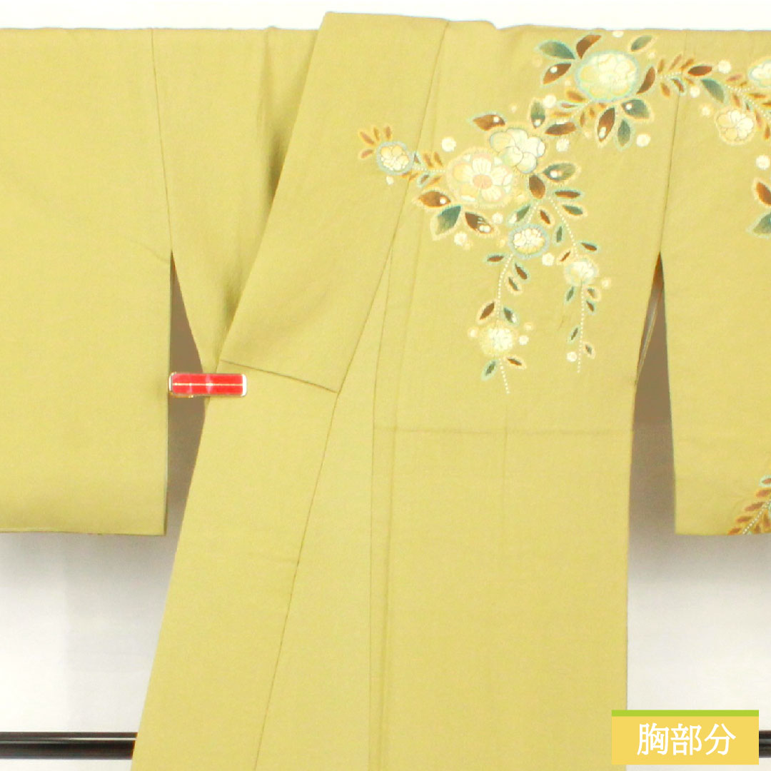 訪問着 正絹 袷 身丈162cm 裄丈62.5cm 薄柳色（うすやなぎいろ） 辻ヶ花 ちりめん地 重ね衿付き しつけ糸付き Sランク 緑系 1112005202419