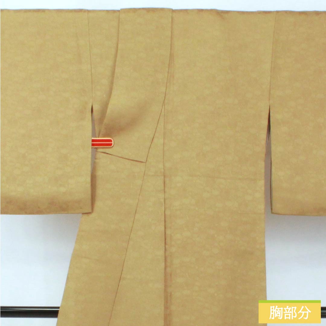 Solid-colored silk kimono, S rank, length 154cm, sleeve length 64cm, hibiscus-brown (hiwachairo) color, single crest (kikyo) with sewn crest, lined, green, 1114002432219