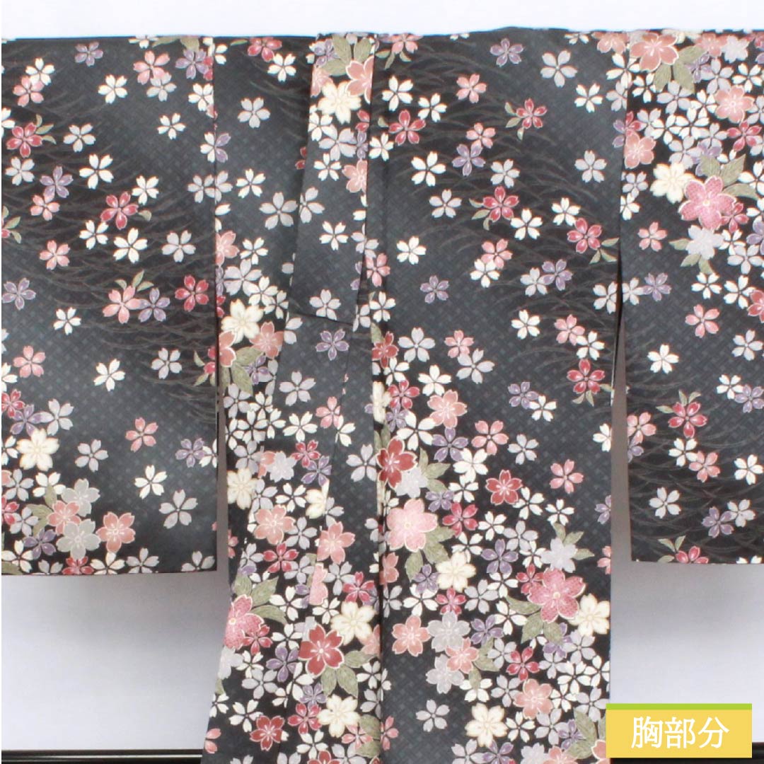 Komon (small pattern) kimono, polyester, length 164.5cm, sleeve length 63.5cm, lined, Noshimeiro (noshime-iro) pattern with dew grass and cherry blossoms, washable, S rank, gray, product number 1115006112422