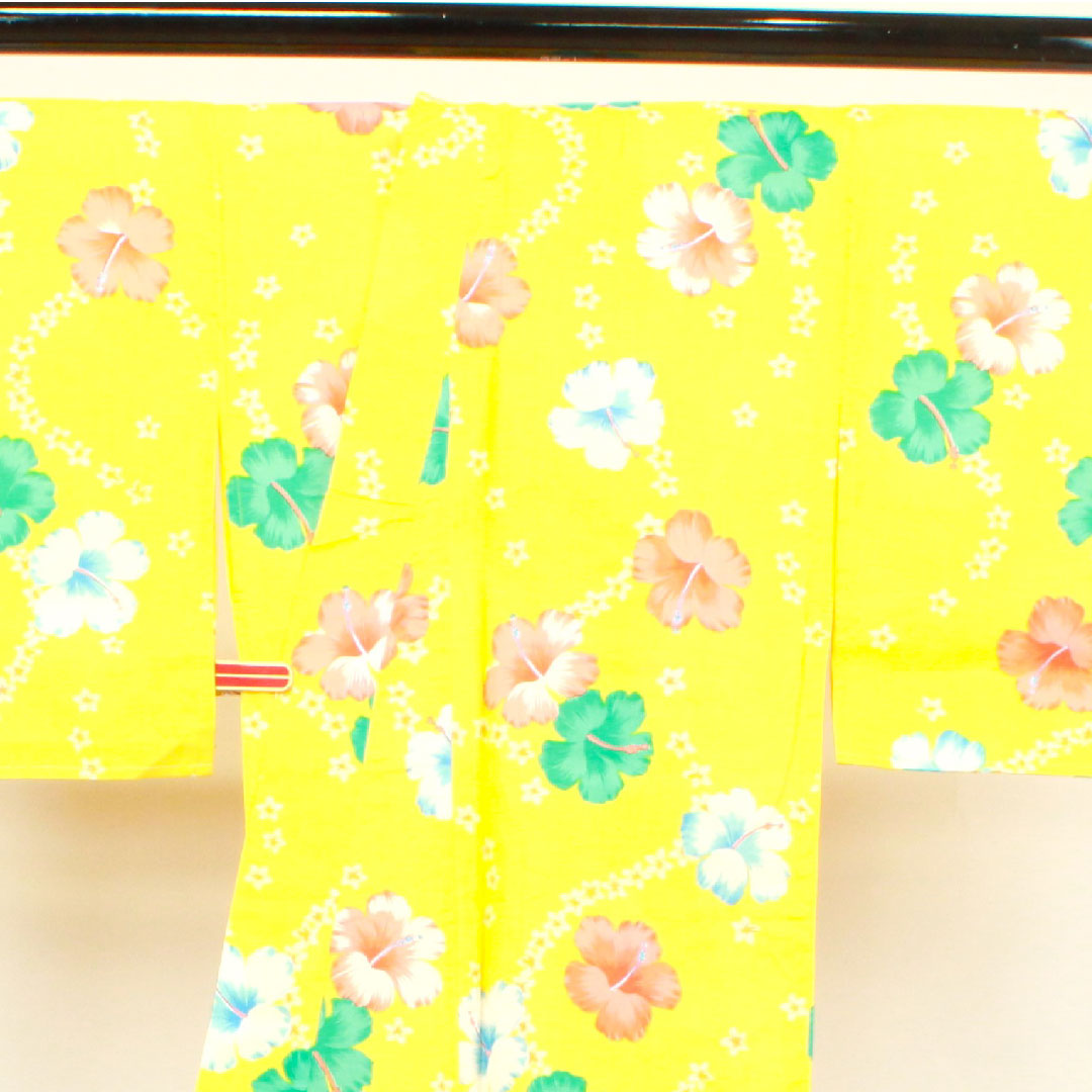 Yukata with basting thread, unused, sunflower color, hibiscus, cotton, S rank, single layer, length 164cm, sleeve length 64.5cm, yellow, 1118002732423
