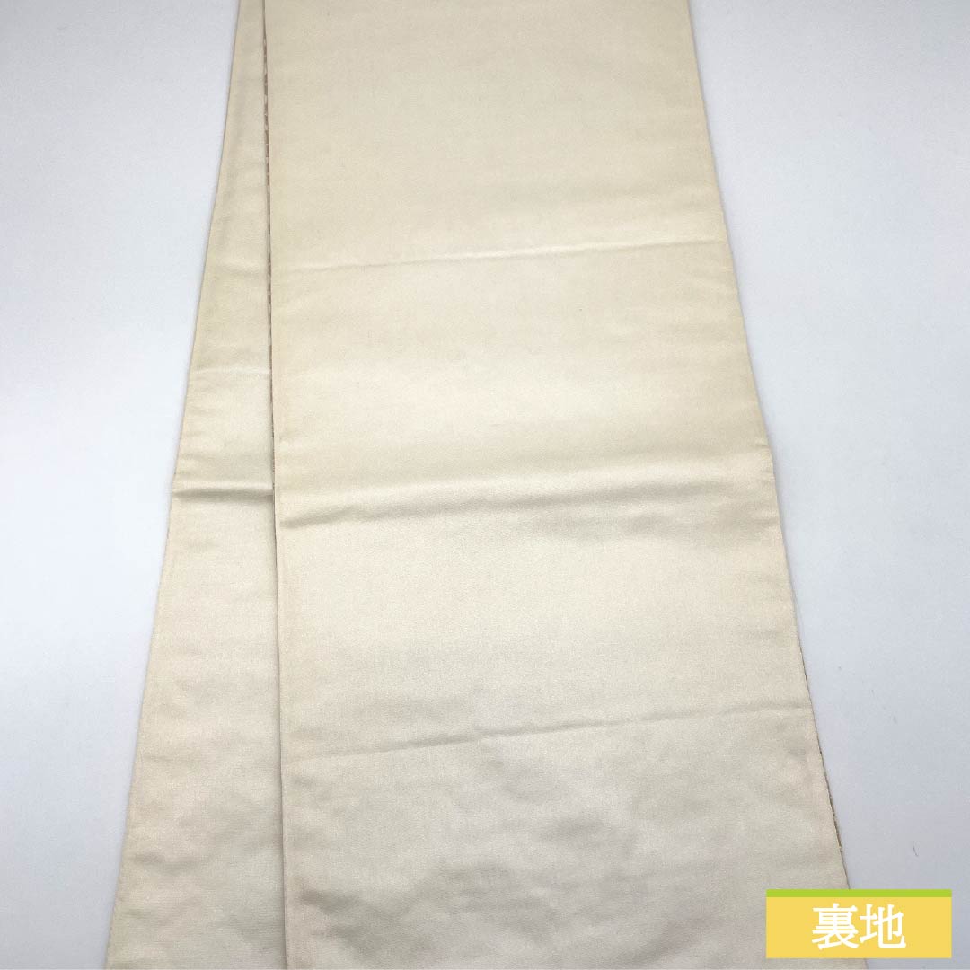 袋帯 正絹 胡粉色（ごふんいろ） 唐織 七宝桐鉄線文 帯丈422cm Aランク 六通 フォーマル 白系 1123014093311