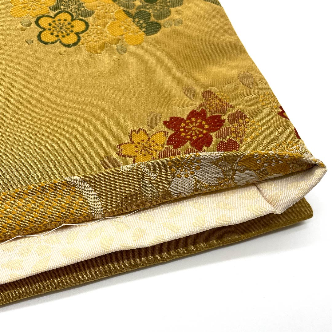 Nagoya obi, Kyobukuro obi, Umedani astringent color, cherry blossom, plum, checkered pattern, obi length 392cm, poly, A rank, full length, semi-formal, yellow, 1124003353323, open style