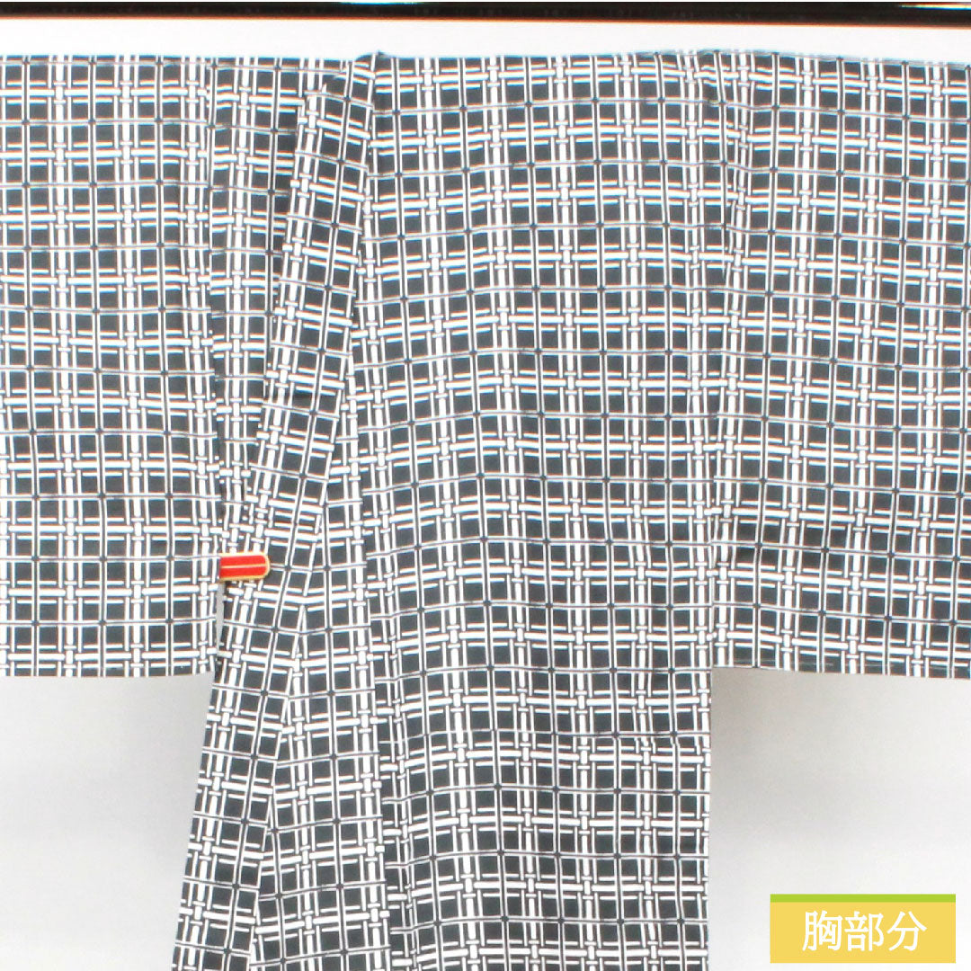 Men's Cotton Kimono (Yukata) - Length: 148cm, Sleeve-to-Sleeve: 71cm, S Rank, Unlined, Gray/Ink Color, Plaid Pattern, 1118005102422