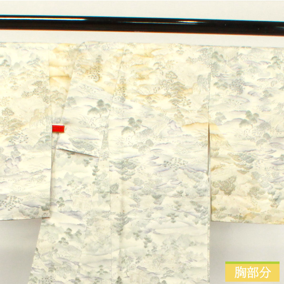 小紋 正絹 身丈159cm 裄丈65.5cm 袷  銀白色 風景模様 しつけ糸付き 未使用品  Sランク グレー系 1115003722322