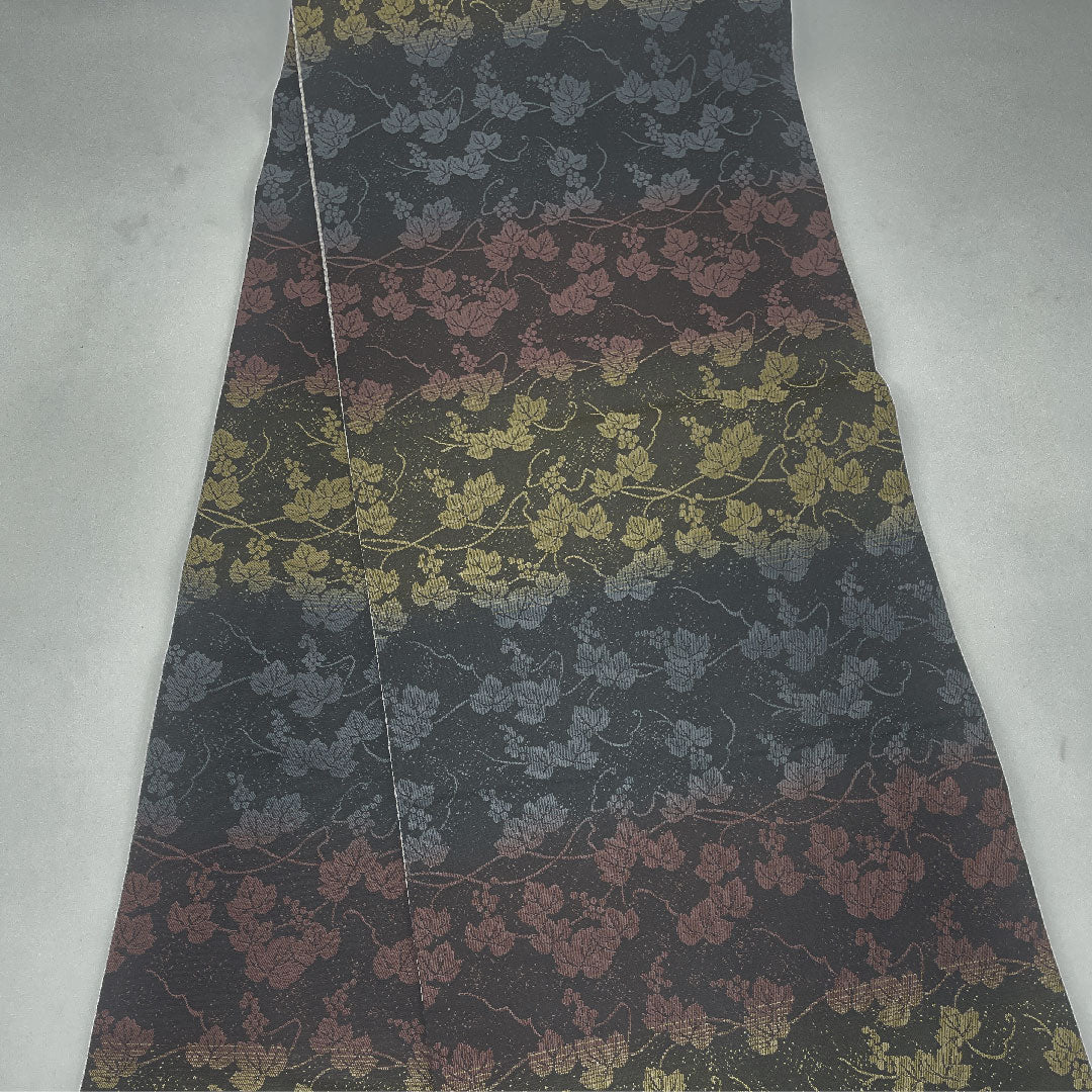 Reversible Fukuro Obi with Sakura Arabesque, Grapes and Phoenix, Length 462cm, Pure Silk, S Rank, Fully Open, Semi-Formal, Gray, 1123004992422