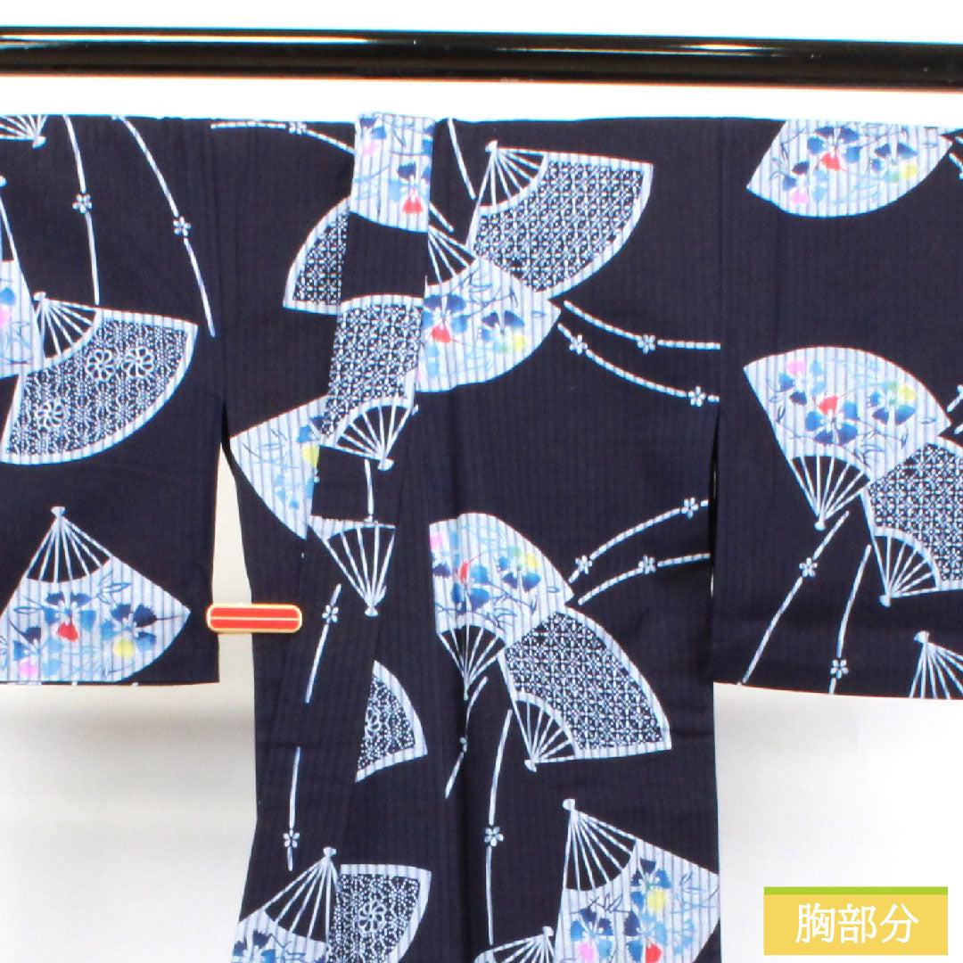 Yukata Cotton Length 160cm Sleeve length 65.5cm S rank Single layer Navy blue Folding fan Floral pattern 1118004522418