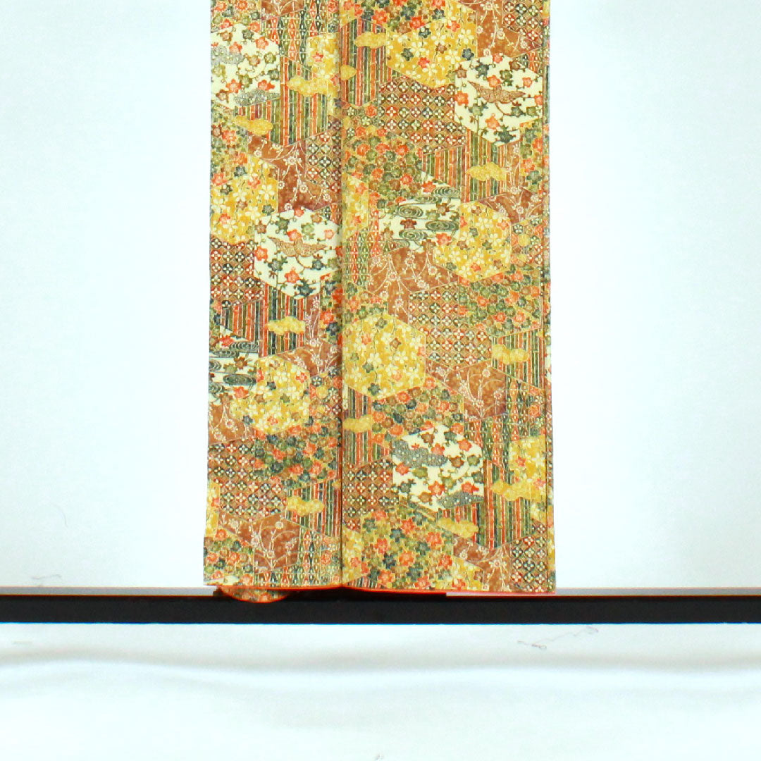 小紋 身丈155cm 裄丈63cm 袷  亀甲 吉祥文様  正絹 Sランク 黄系 1115001452323