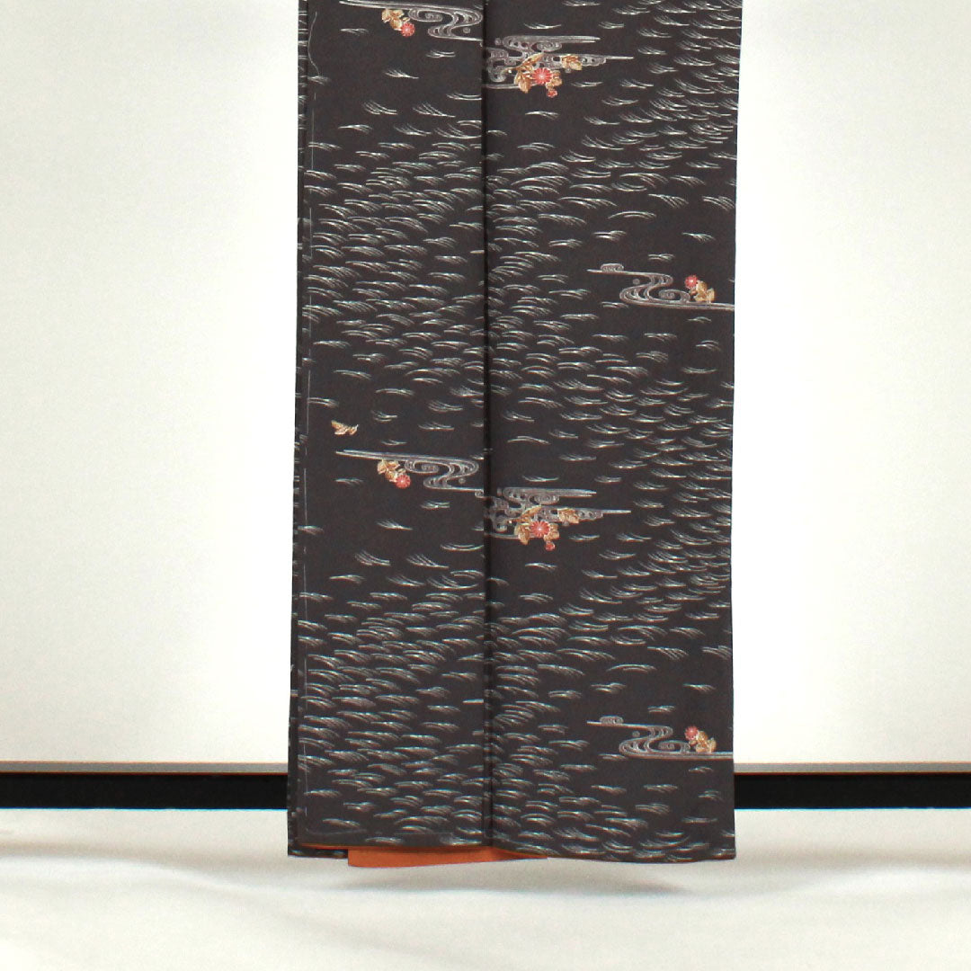 小紋 身丈161.5cm 裄丈65cm 袷  流水に花模様 洗える着物  ポリ Sランク グレー系 1115000872322
