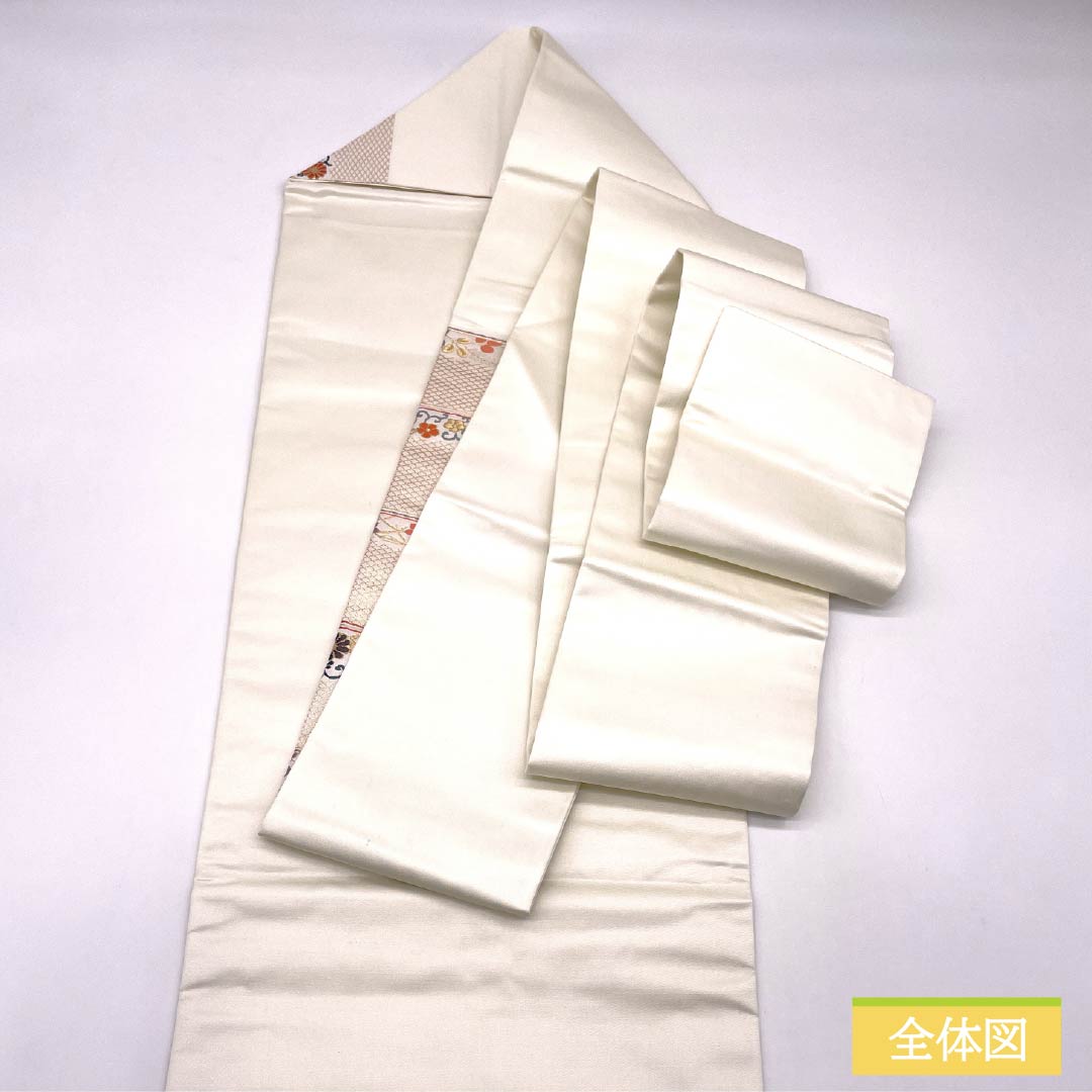 Nagoya Obi, Pure Silk, Grade B, Gofun-iro (White Powder-Colored), Chinese Flower Pattern, Horizontal Stripes, Pointed Pattern, Semi-Formal, 358cm Long, White, Item Number 1124009604311, Nagoya Style