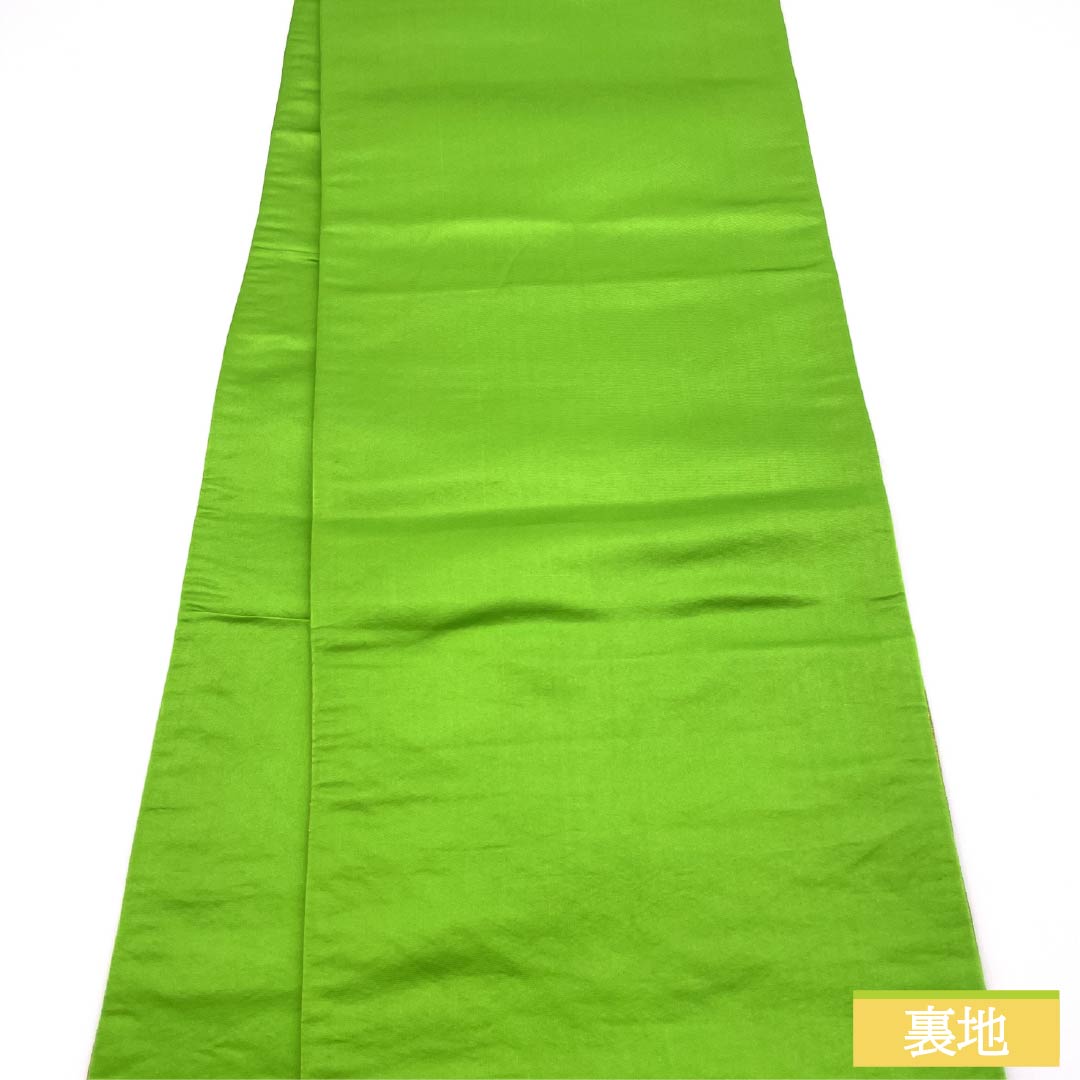 Yellow-green fukuro obi (sash) for furisode (long-sleeved kimono) made of pure silk by Hattori Orimono, featuring Shiratori Tsuzuriko. Length: 415cm. A-rank. Six-fold obi. Formal. Green. Product number: 1123014473319