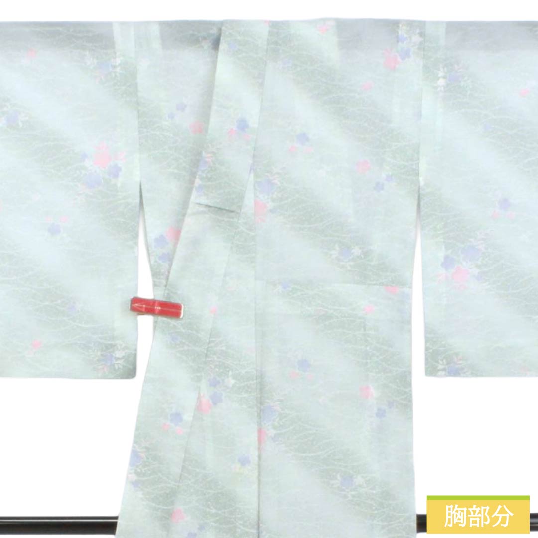 夏物 ポリエステル 小紋 Aランク 身丈153.5cm 裄丈62.5cm 青磁色（せいじいろ） 露芝 桜 洗える着物 絽 緑系 1132003373219
