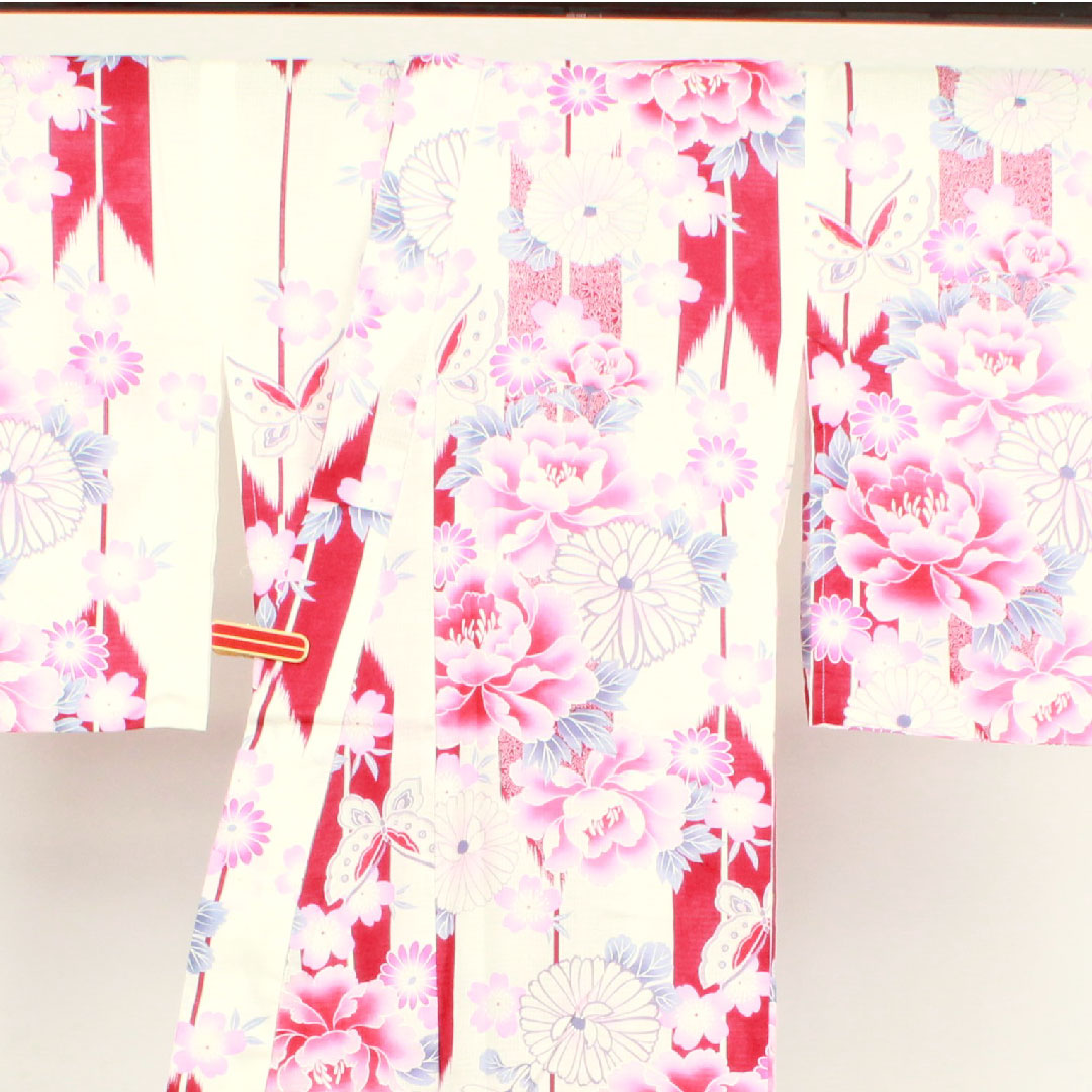 Yukata, floral pattern, cotton, S rank, single layer, length 161.5cm, sleeve length 65.5cm, white, 1118001472411