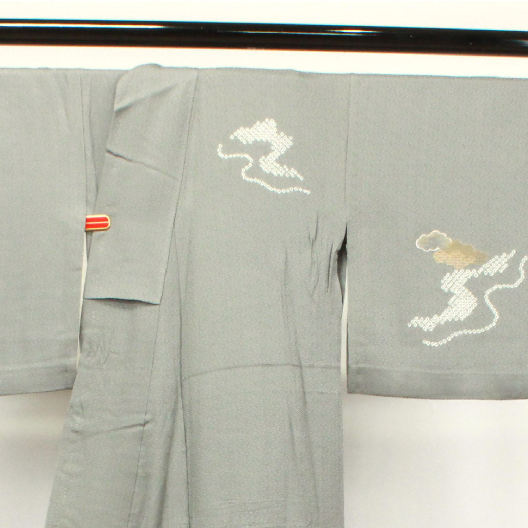 訪問着 正絹 単衣 身丈160cm 裄丈66cm 錫色 汕頭刺繡 絞り Sランク グレー系 1112003302422