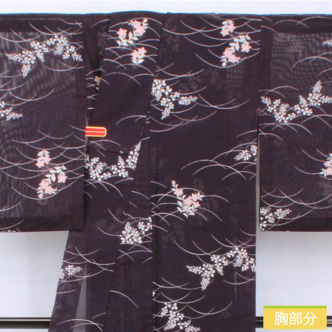 夏物 ポリエステル 小紋 身丈158cm 裄丈63cm 紫烏色（しうしょく） 露芝 草花 洗える着物 絽 Bランク 紫系 1132002044320