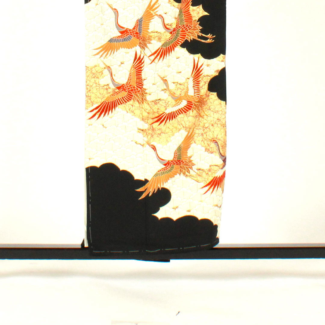 Black Tomesode, Length 155.5cm, Sleeve Length 61.5cm, Awase, Kyo-Yuzen, Crane, Katabami, Pure Silk, B Rank, Five Crests, Black, 1111000344310