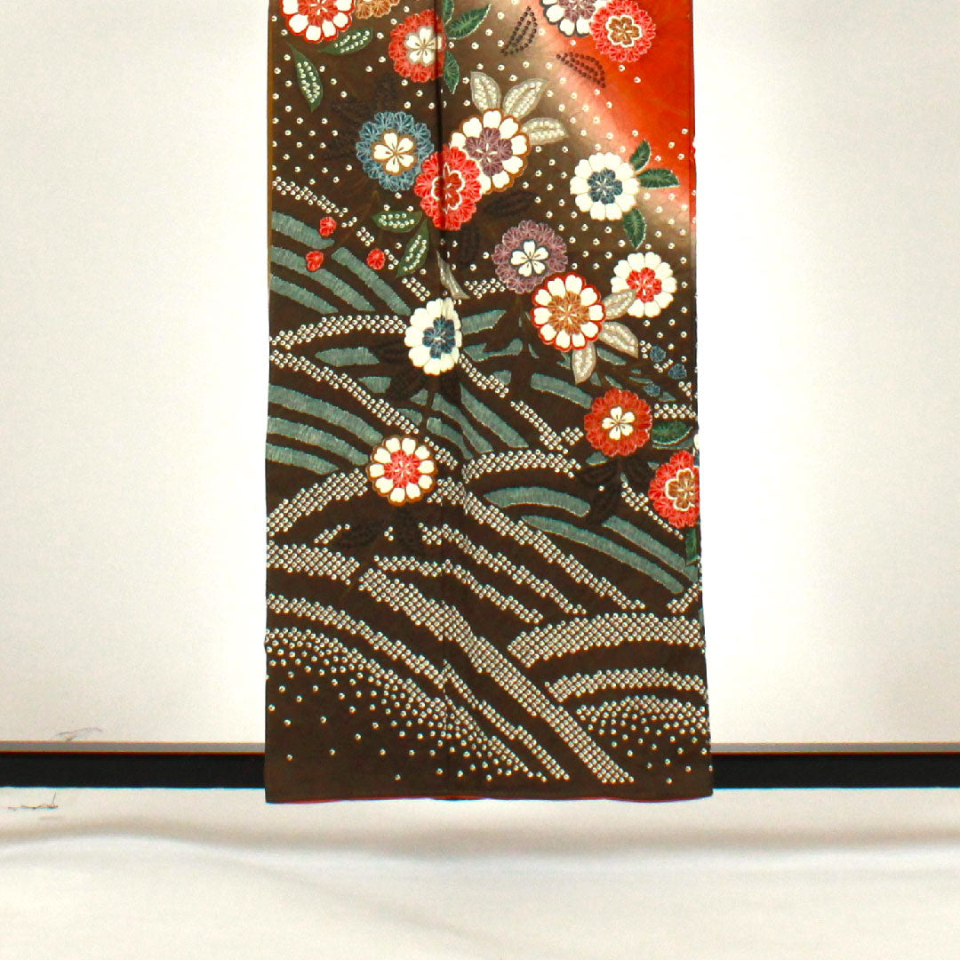 Homongi, lined, length 158cm, sleeve length 64cm, tie-dyed, floral pattern, pure silk, B rank, brown, 1112001044314