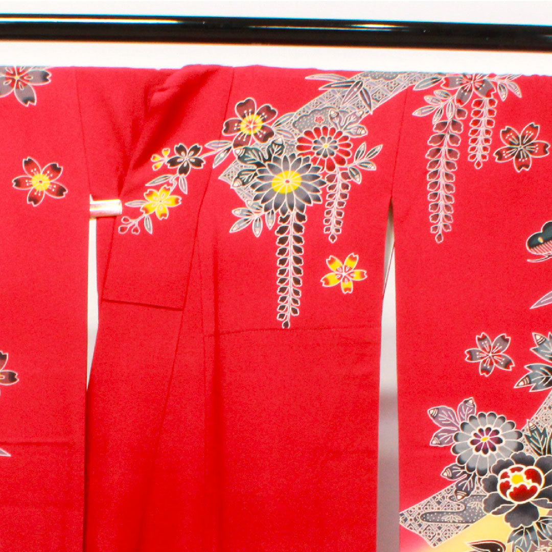 振袖 身丈167cm 裄丈68cm 袷  真紅色 京紅型 吉祥文様 スコッチガード加工  正絹 Sランク 赤系 1113001692512