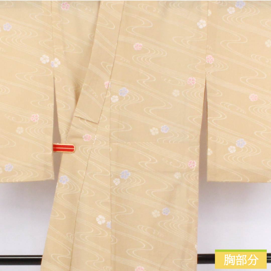 Summer kimono, polyester, small pattern, length 158cm, sleeve length 64cm, mulberry white-brown (kuwairo shirachairo) with flowing water and poppy motifs, washable, gauze, beige, S rank, product number 1132002602325