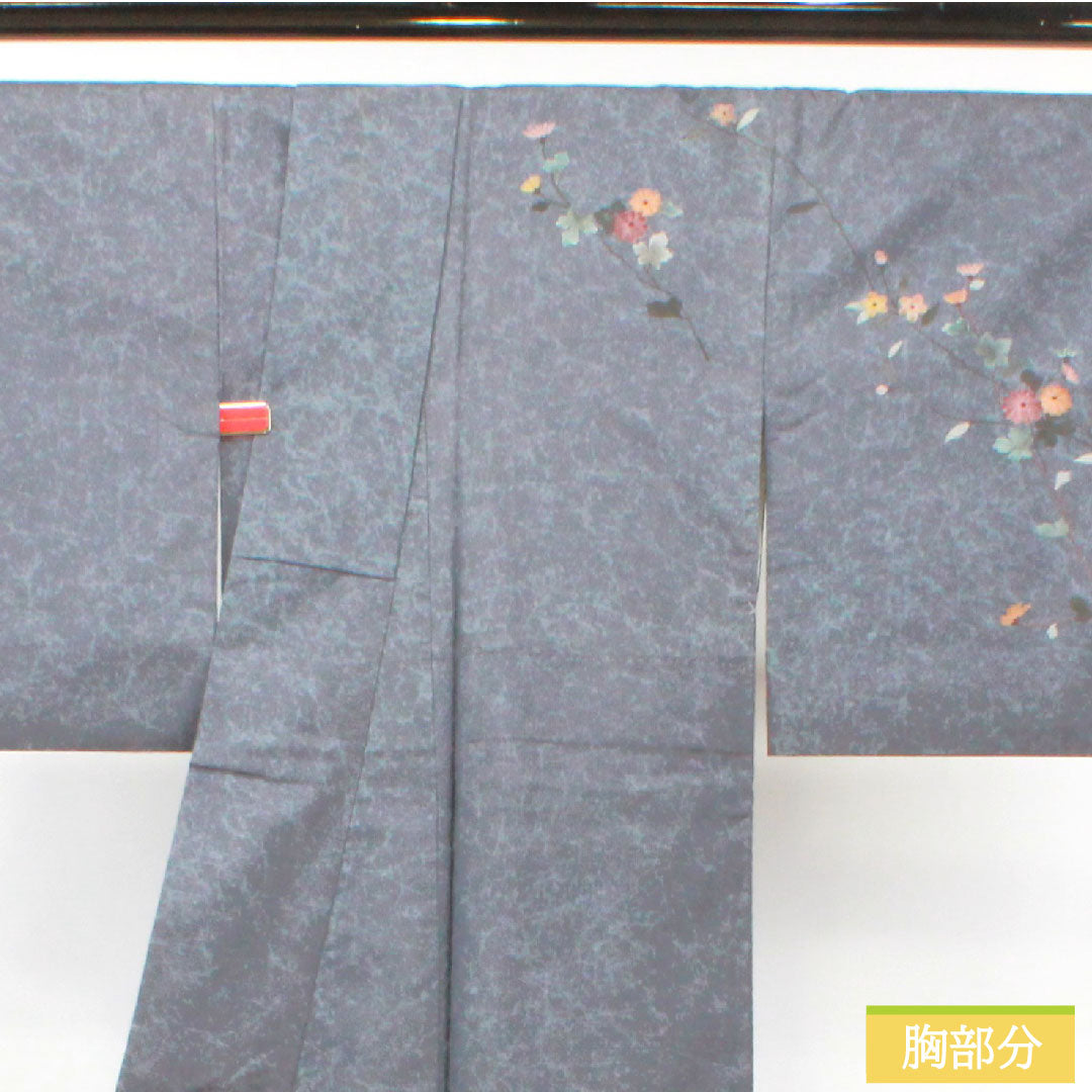 Homongi, pure silk, lined, length 161cm, sleeve length 63cm, grayish blue, Oshima Tsumugi, floral pattern, artist's work, A rank, gray, 1112004013422