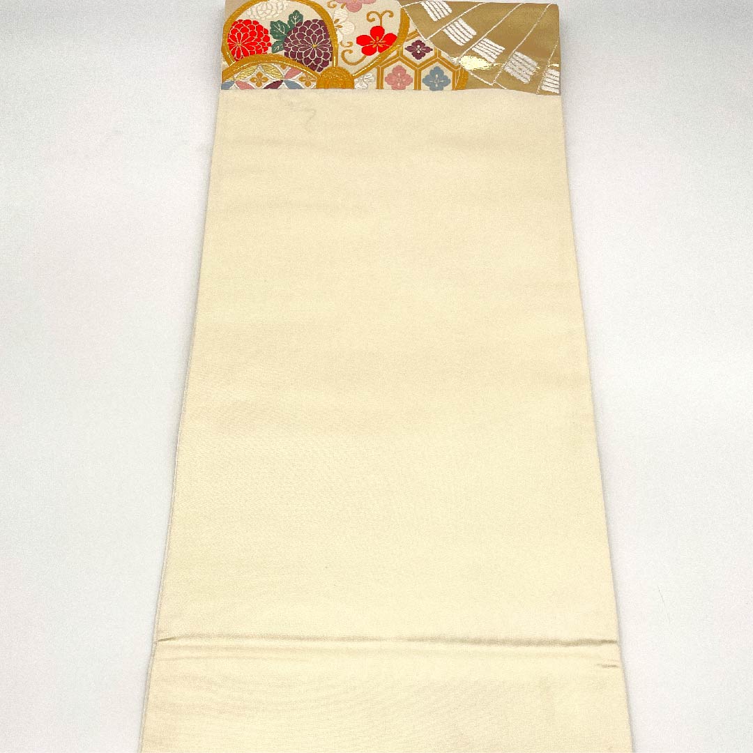 袋帯 生成り色（きなりいろ） 古典梅 吉祥文様 扇面 帯丈442cm 正絹 Sランク 六通 フォーマル クリーム系 1123002762315